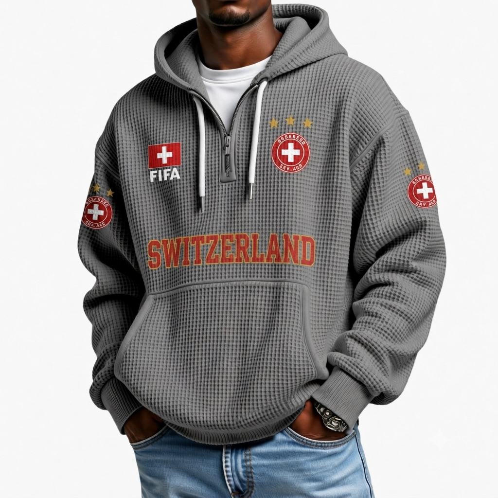 FIFA 2026 Switzerland Printed Waffle Quarter Zip Football Fan Hoodie
