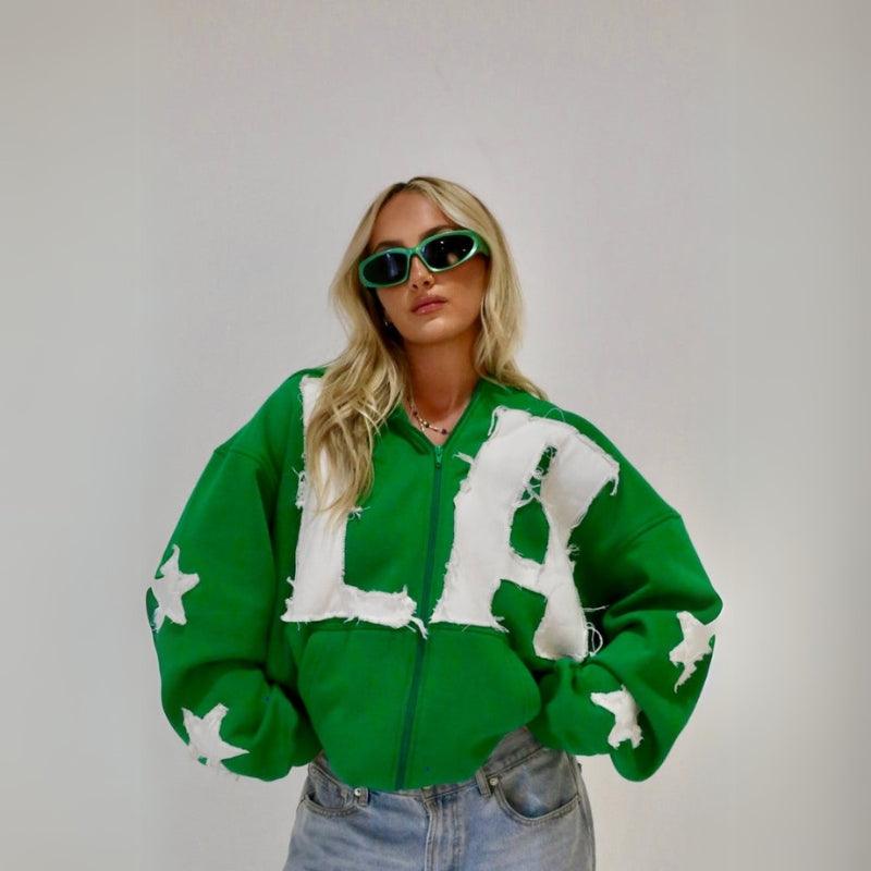 Frayed Star Embellished Zip Up Jacket