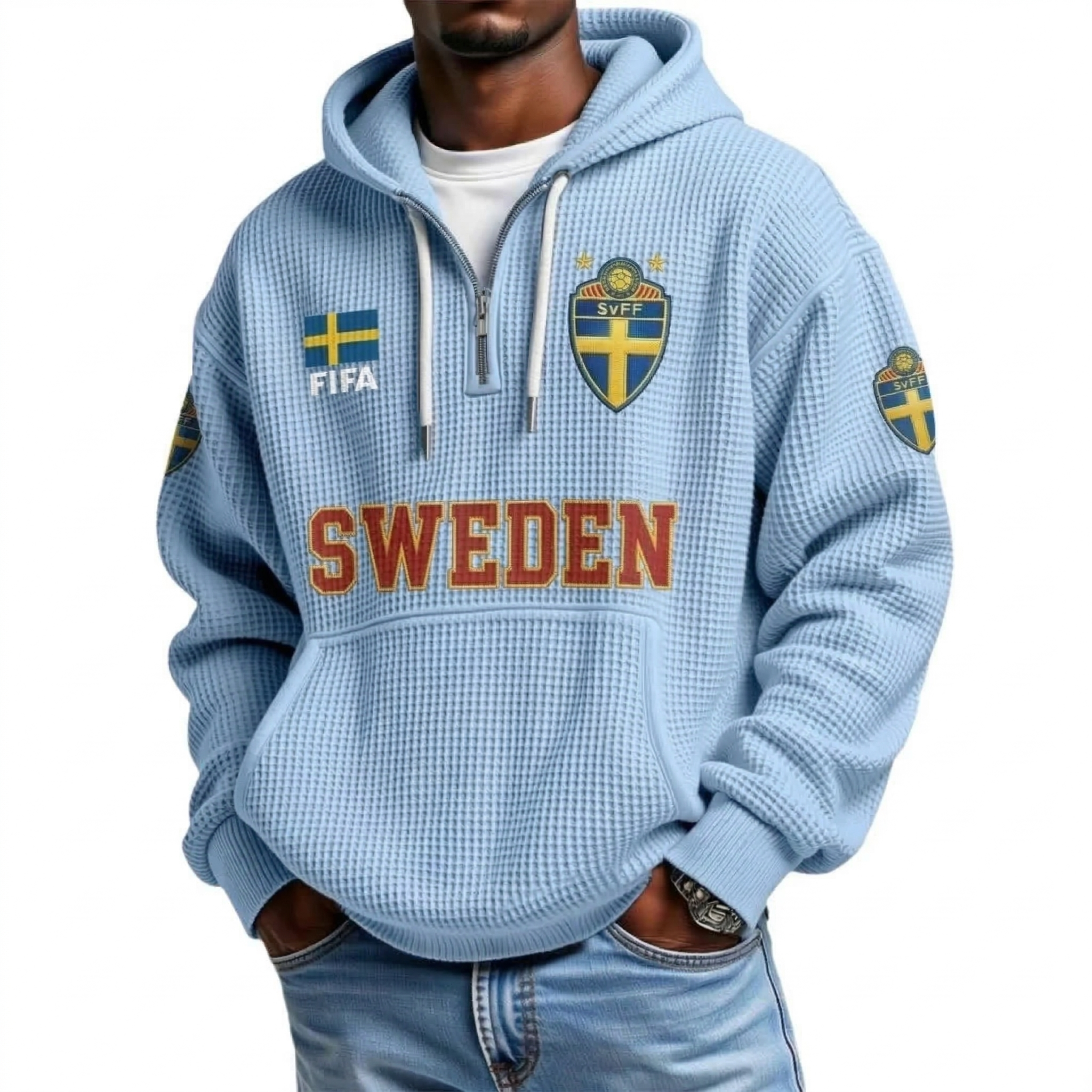 FIFA 2026 Sweden Printed Waffle Quarter Zip Football Fan Hoodie