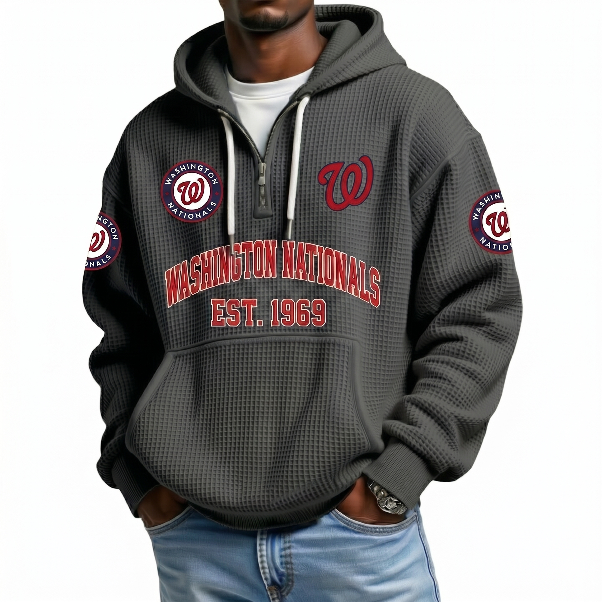 Washington Nationals EST 1969 Printed Waffle Quarter Zip Baseball Fan Hoodie