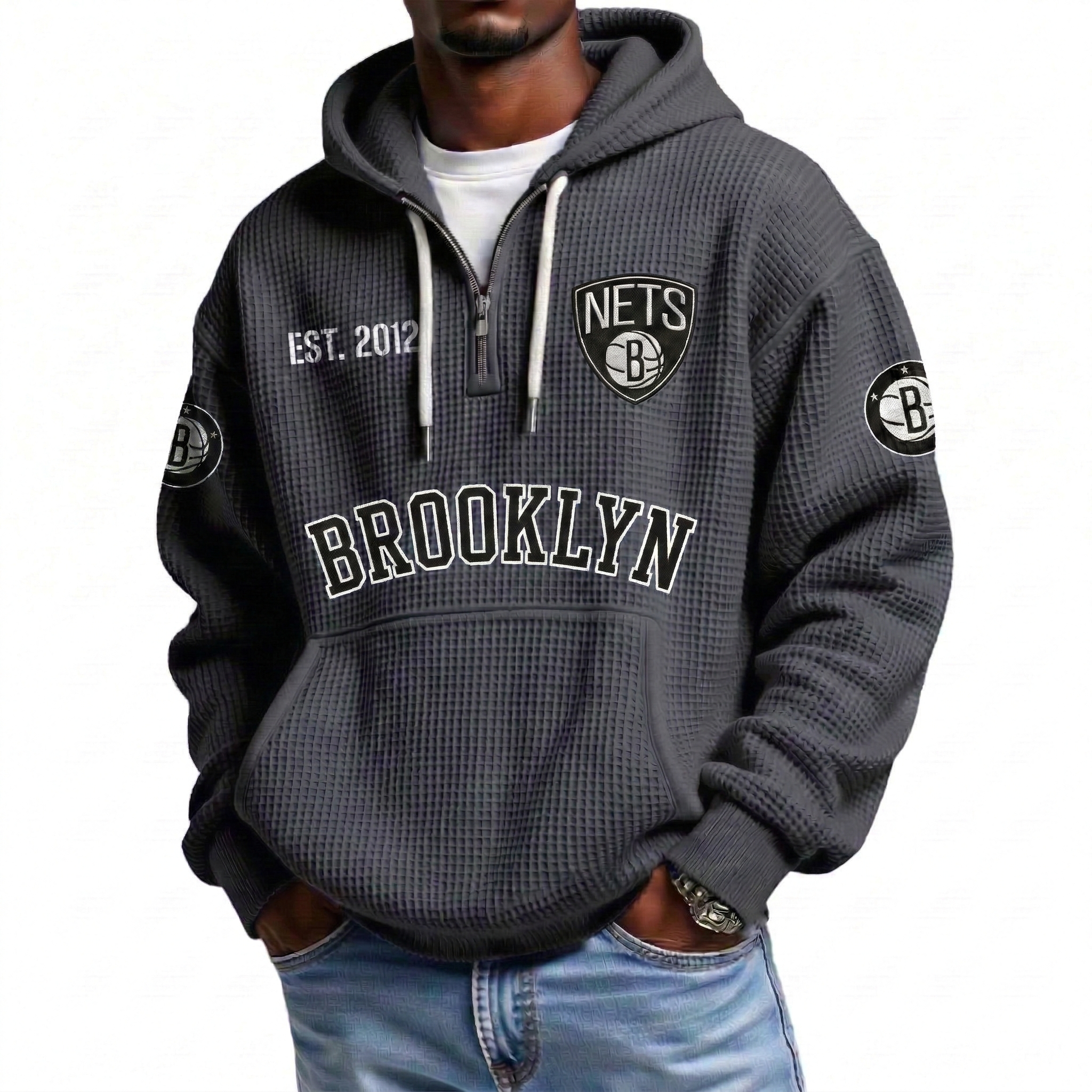 Brooklyn Nets EST 1967 Printed Waffle Quarter Zip Basketball Fan Hoodie
