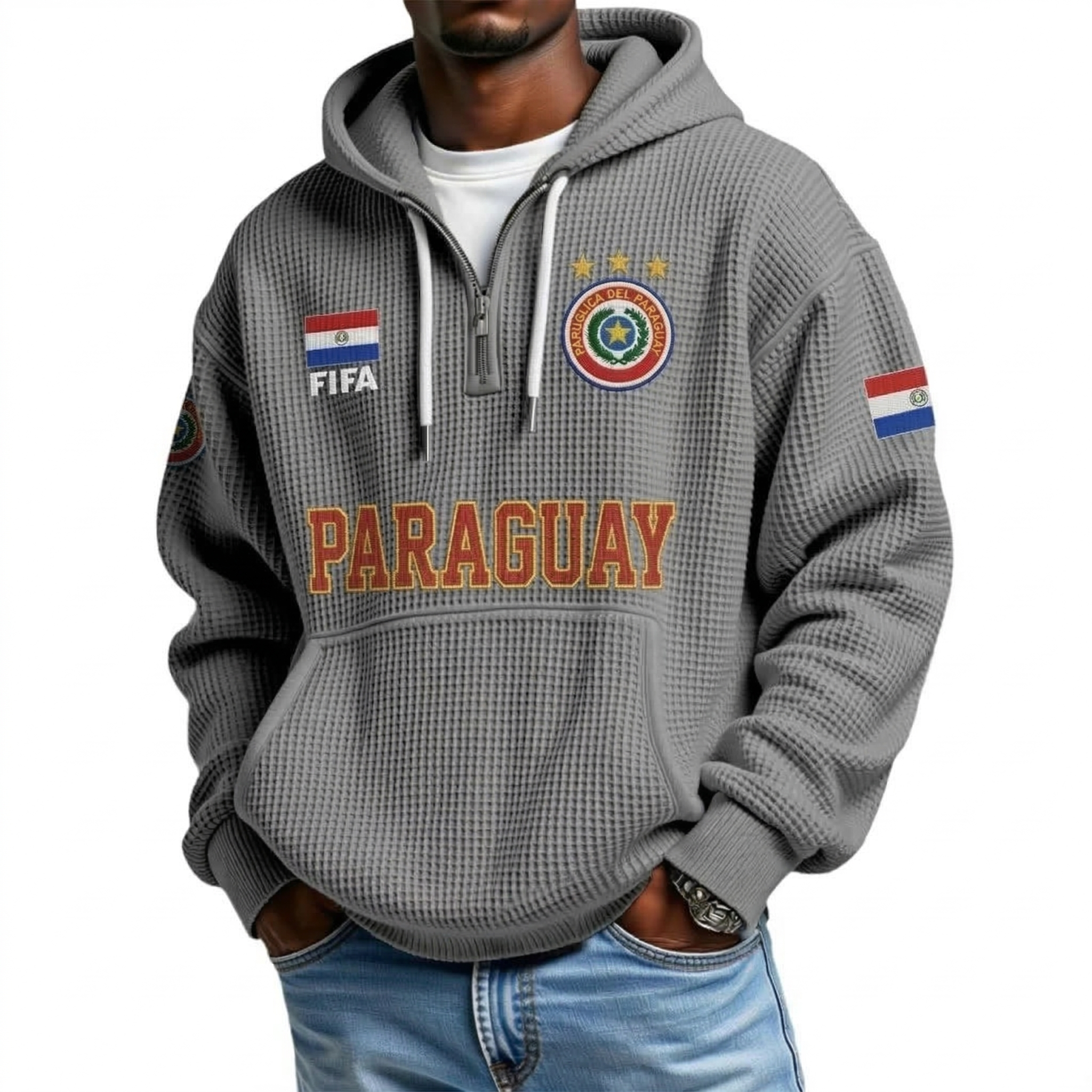 FIFA 2026 Paraguay Printed Waffle Quarter Zip Football Fan Hoodie