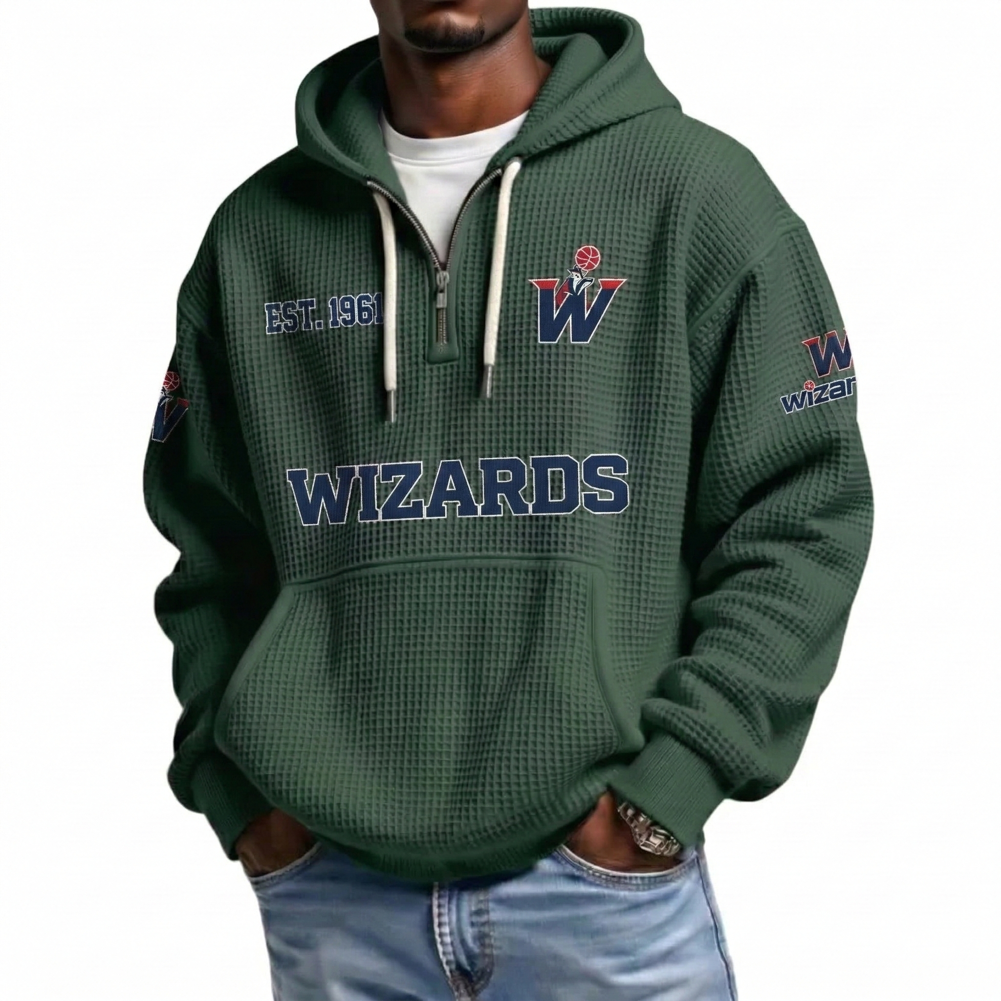 Washington Wizards EST 1961 Printed Waffle Quarter Zip Basketball Fan Hoodie