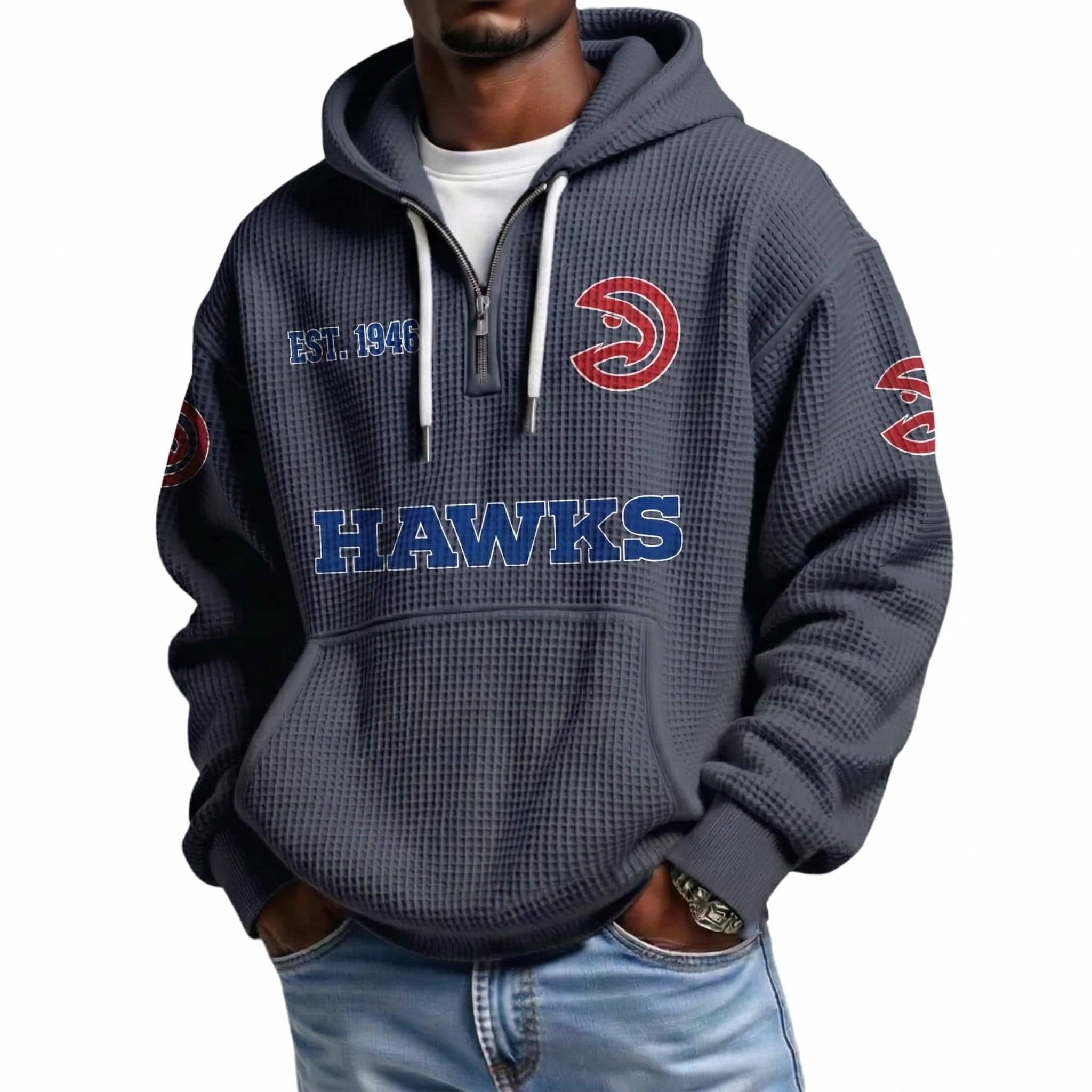Atlanta Hawks EST 1946 Printed Waffle Quarter Zip Basketball Fan Hoodie