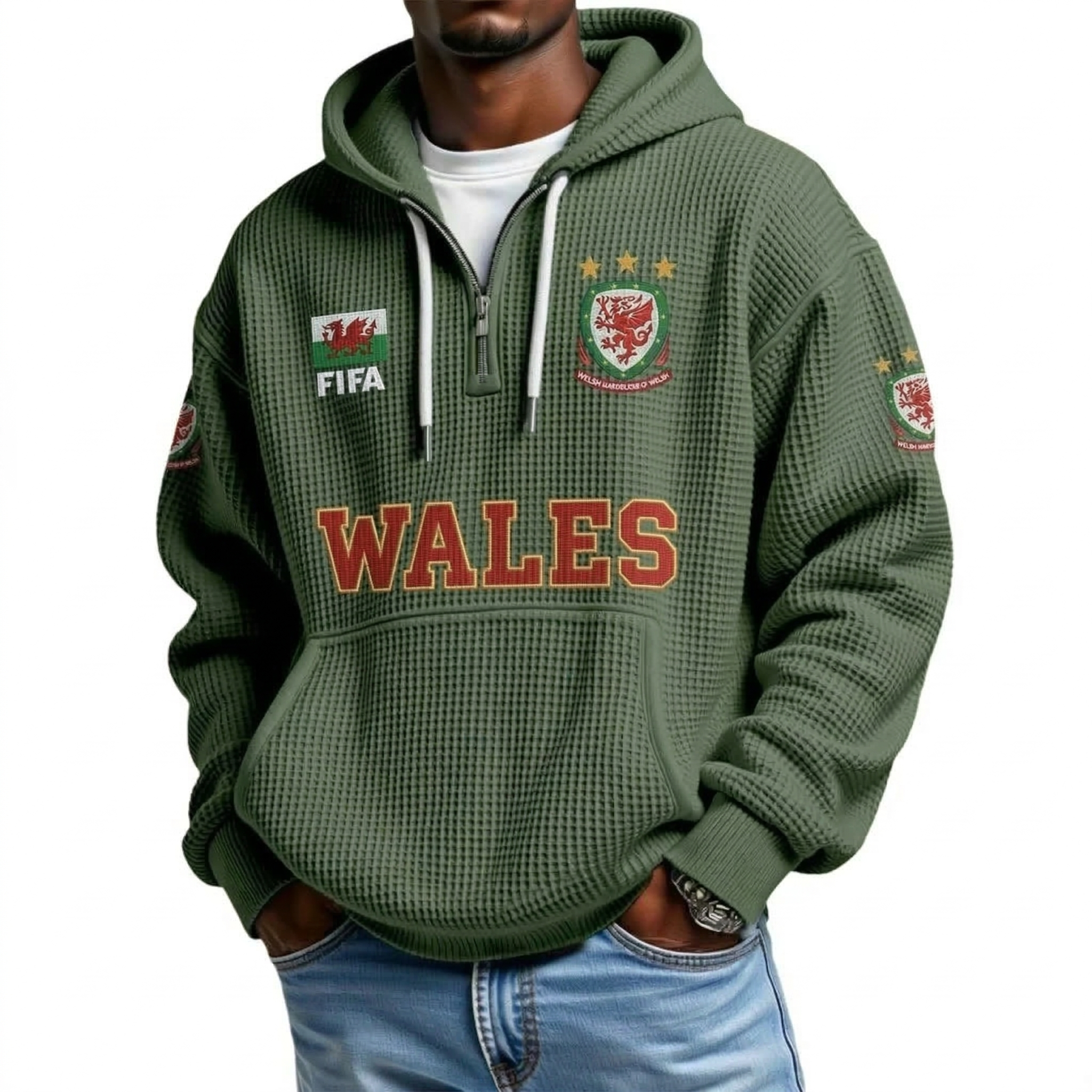 FIFA 2026 Wales Printed Waffle Quarter Zip Football Fan Hoodie