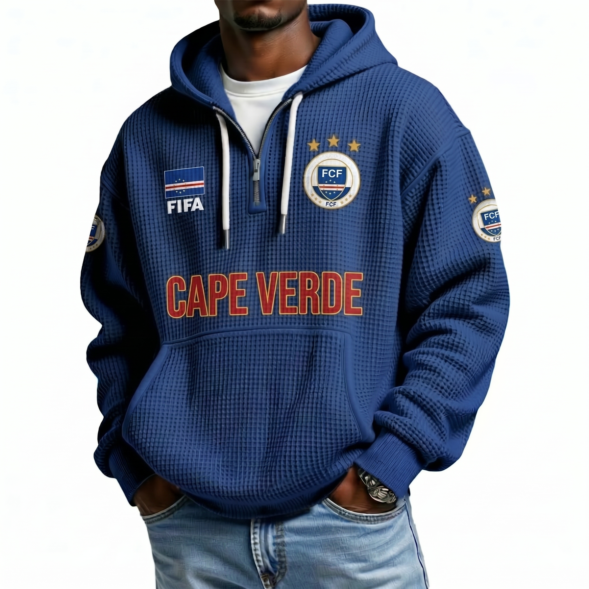 FIFA 2026 Cape Verde Printed Waffle Quarter Zip Football Fan Hoodie