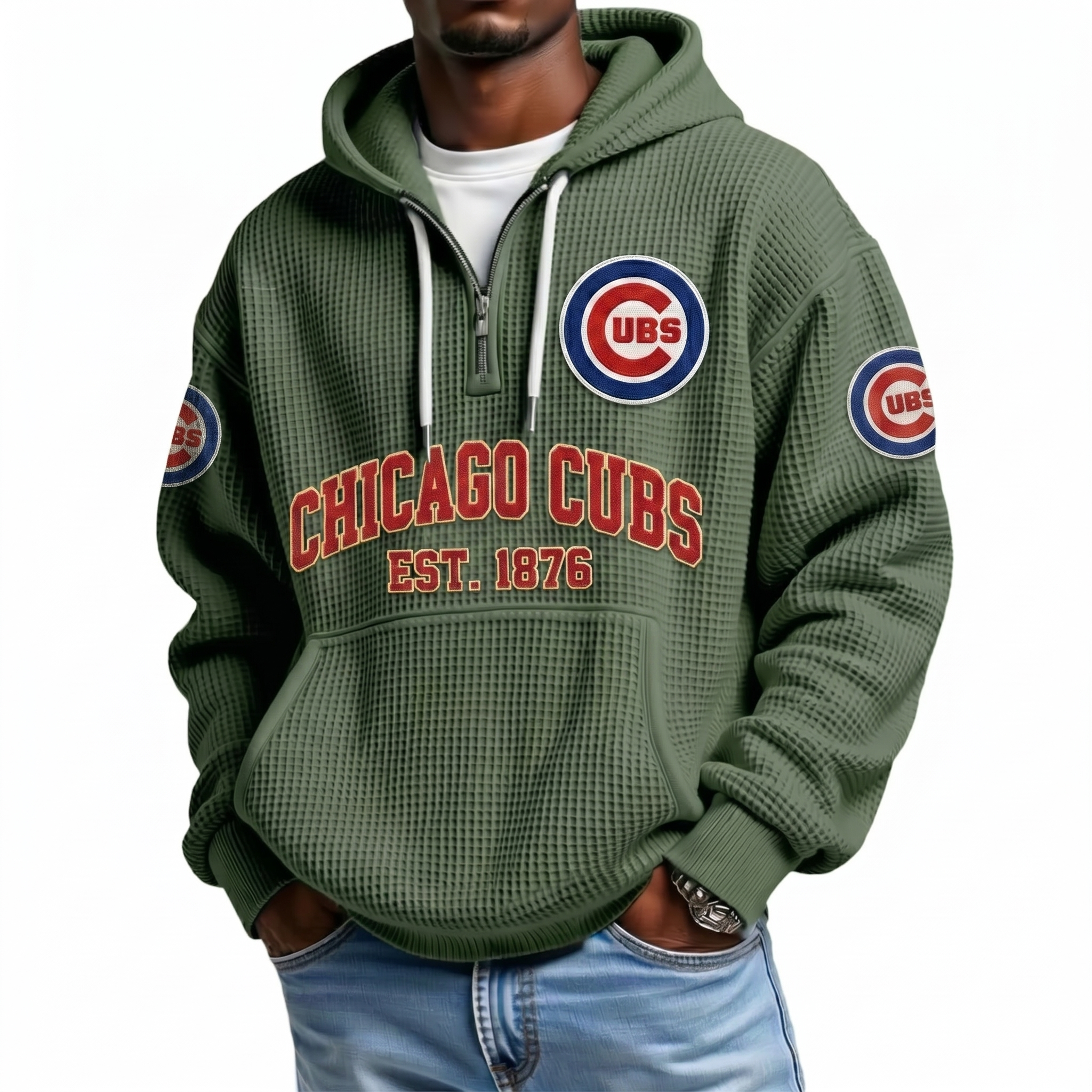 Chicago Cubs EST 1876 Printed Waffle Quarter Zip Baseball Fan Hoodie
