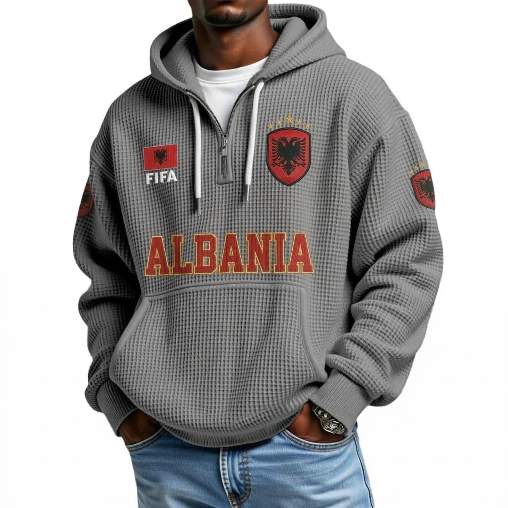 FIFA 2026 Albania Printed Waffle Quarter Zip Football Fan Hoodie