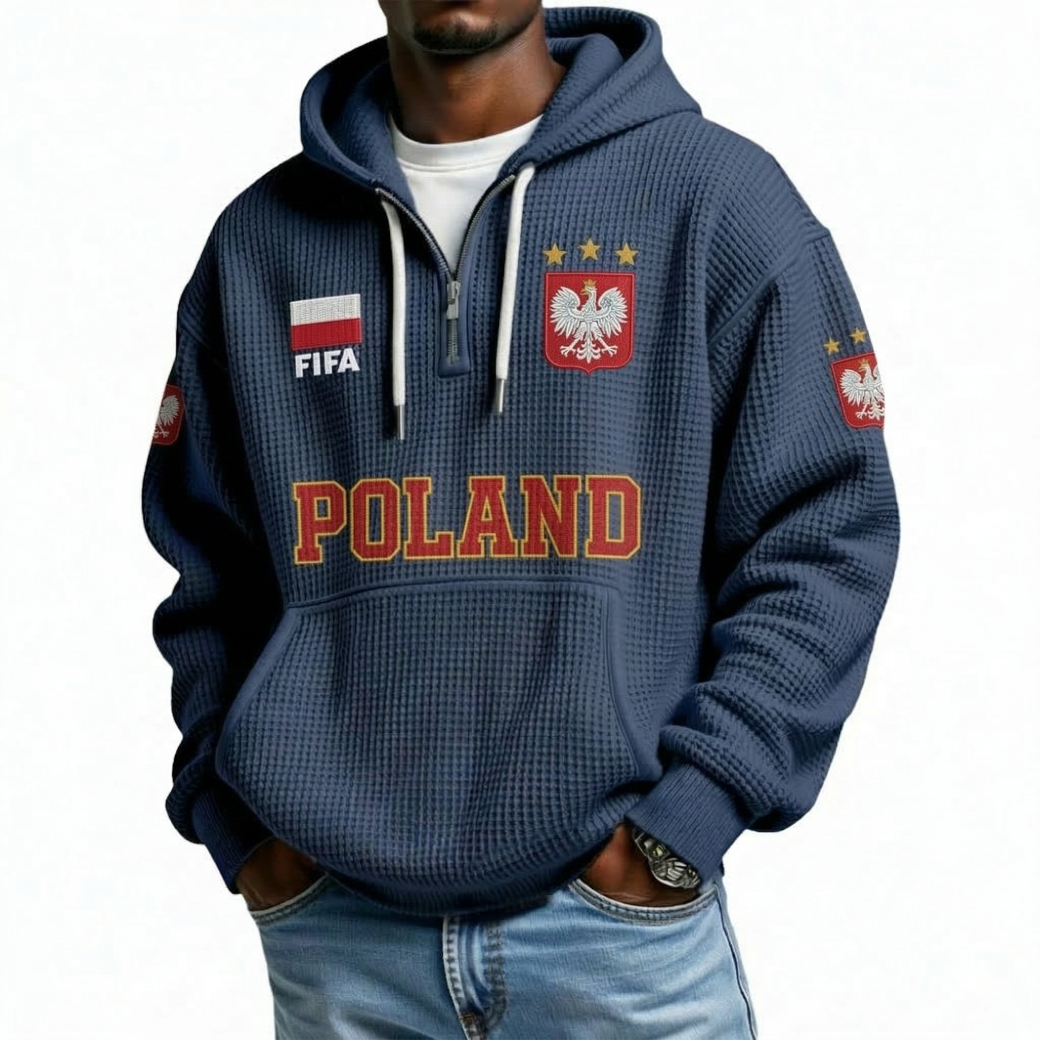 FIFA 2026 Poland Printed Waffle Quarter Zip Football Fan Hoodie