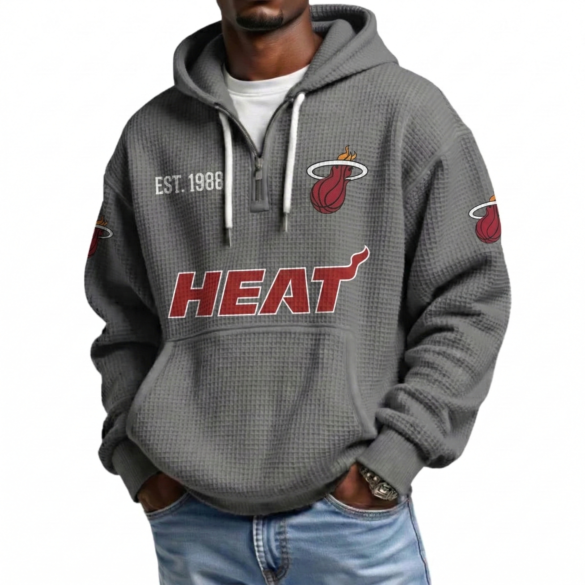 Miami Heat EST 1988 Printed Waffle Quarter Zip Basketball Fan Hoodie