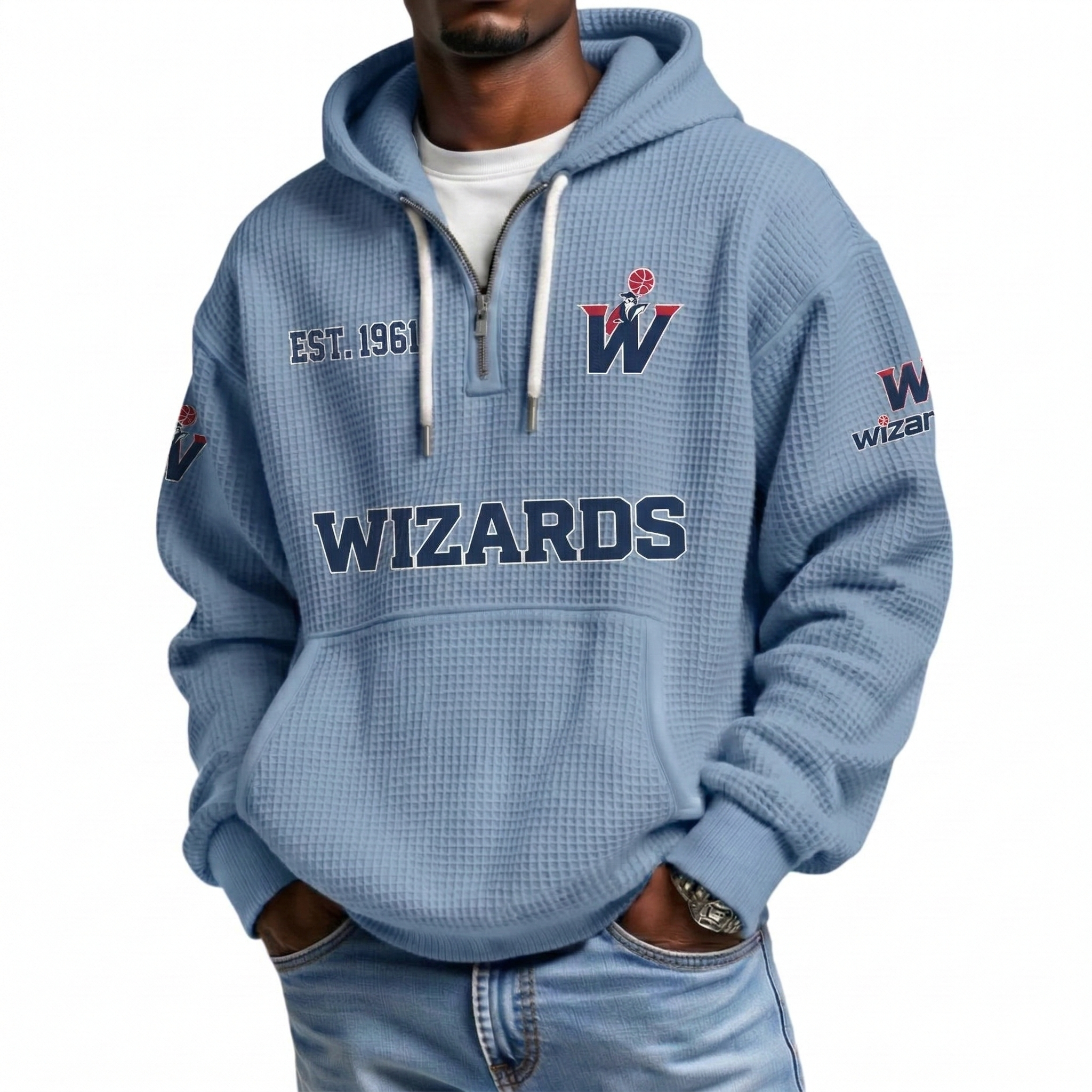 Washington Wizards EST 1961 Printed Waffle Quarter Zip Basketball Fan Hoodie