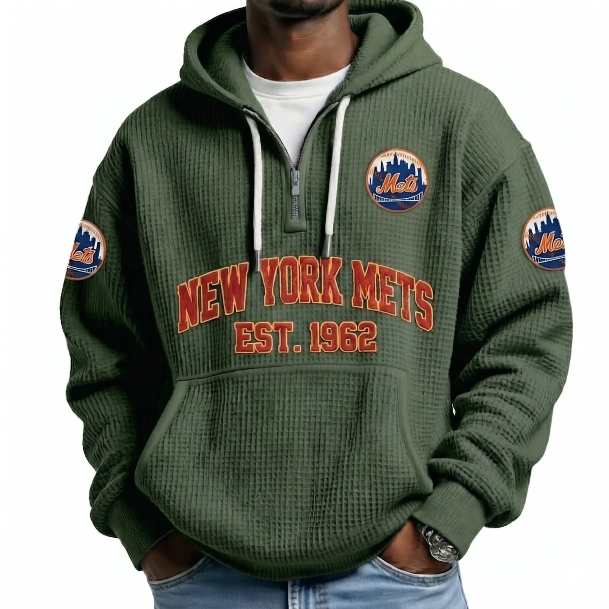 New York Mets EST 1962 Printed Waffle Quarter Zip Baseball Fan Hoodie