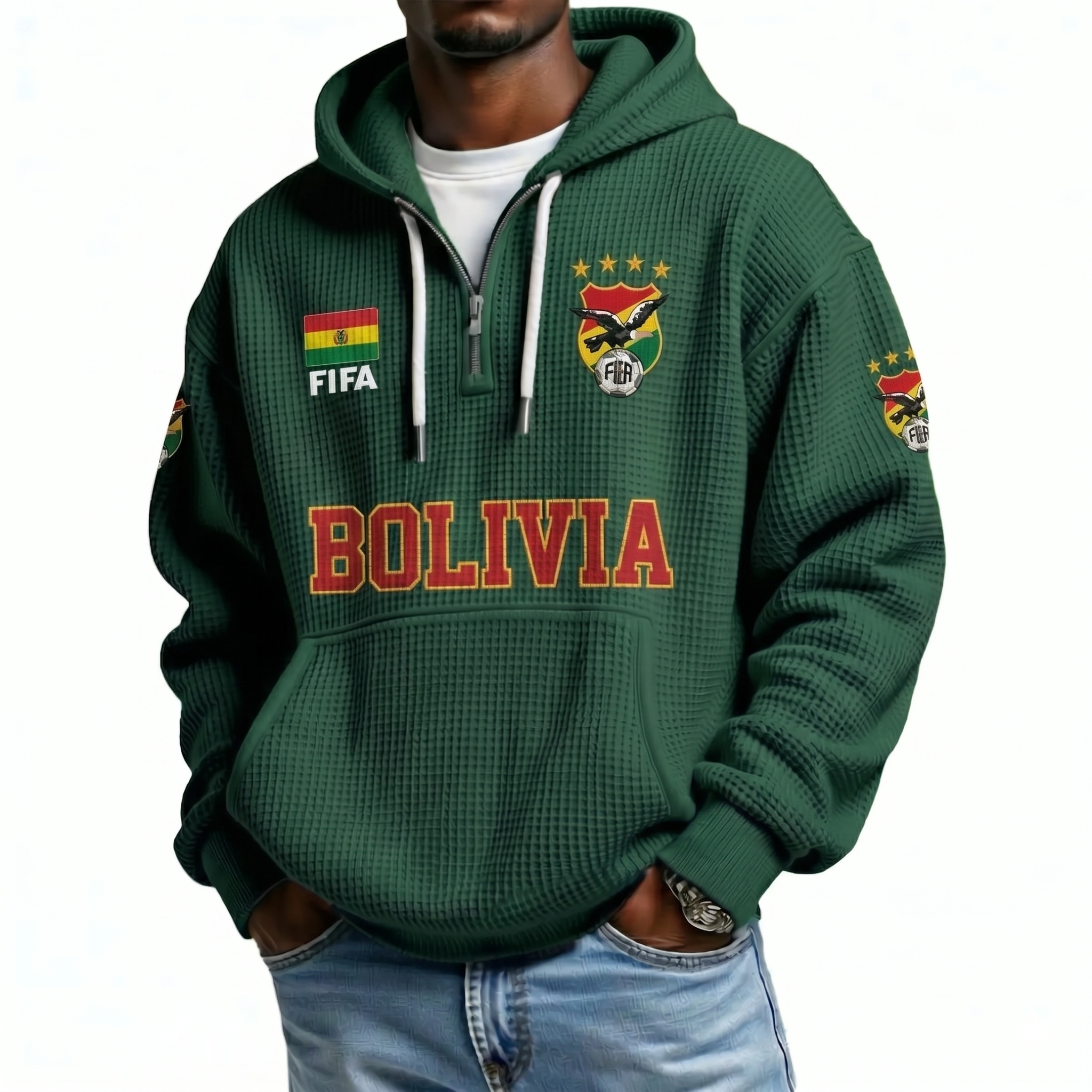 FIFA 2026 Bolivia Printed Waffle Quarter Zip Football Fan Hoodie