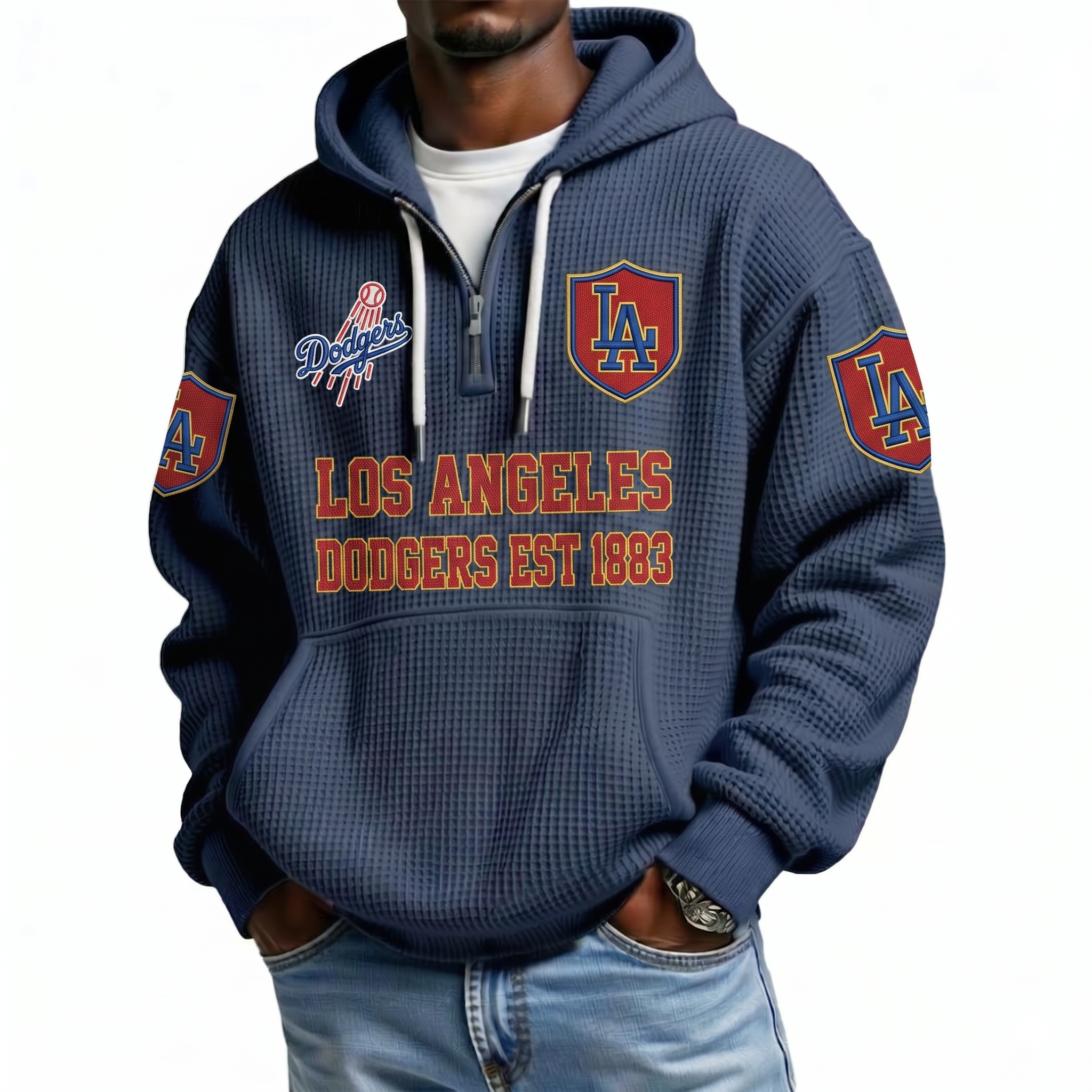 Los Angeles Dodgers EST 1883 Printed Waffle Quarter Zip Baseball Fan Hoodie