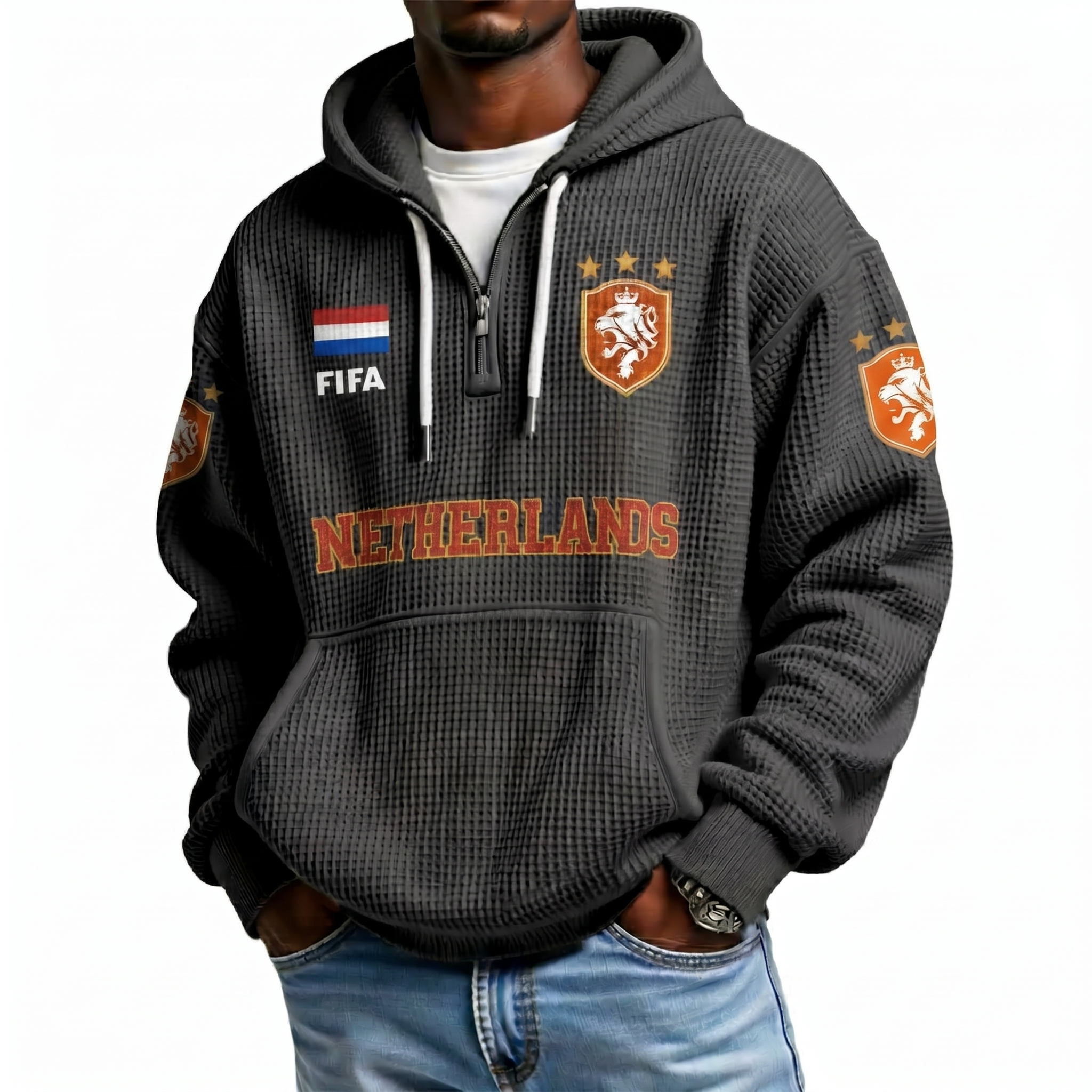 FIFA 2026 Netherlands Printed Waffle Quarter Zip Football Fan Hoodie