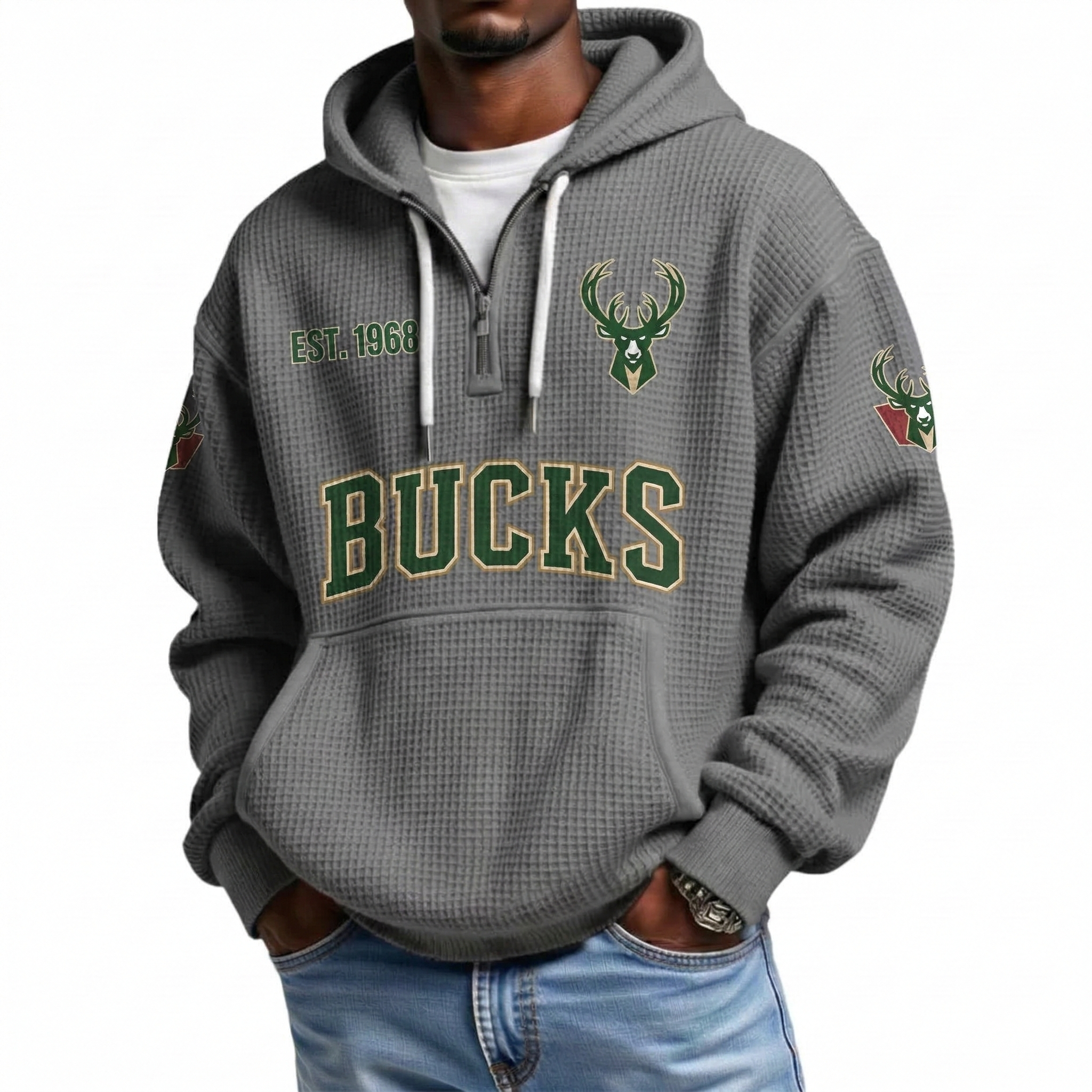 Milwaukee Bucks EST 1968 Printed Waffle Quarter Zip Basketball Fan Hoodie
