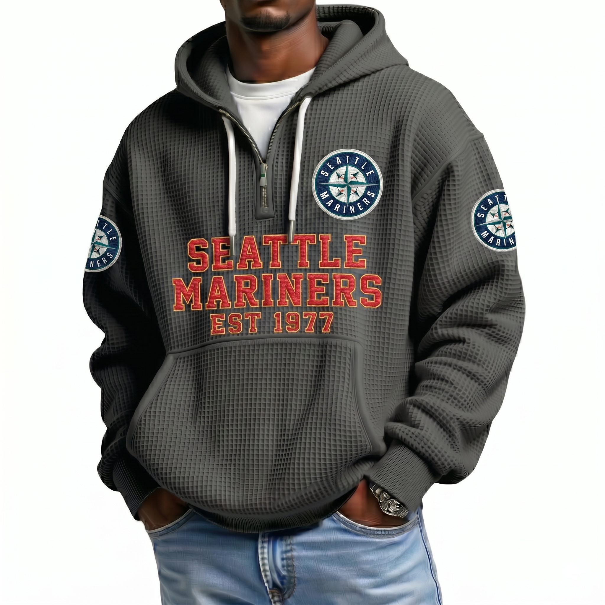 Seattle Mariners EST 1977 Printed Waffle Quarter Zip Baseball Fan Hoodie