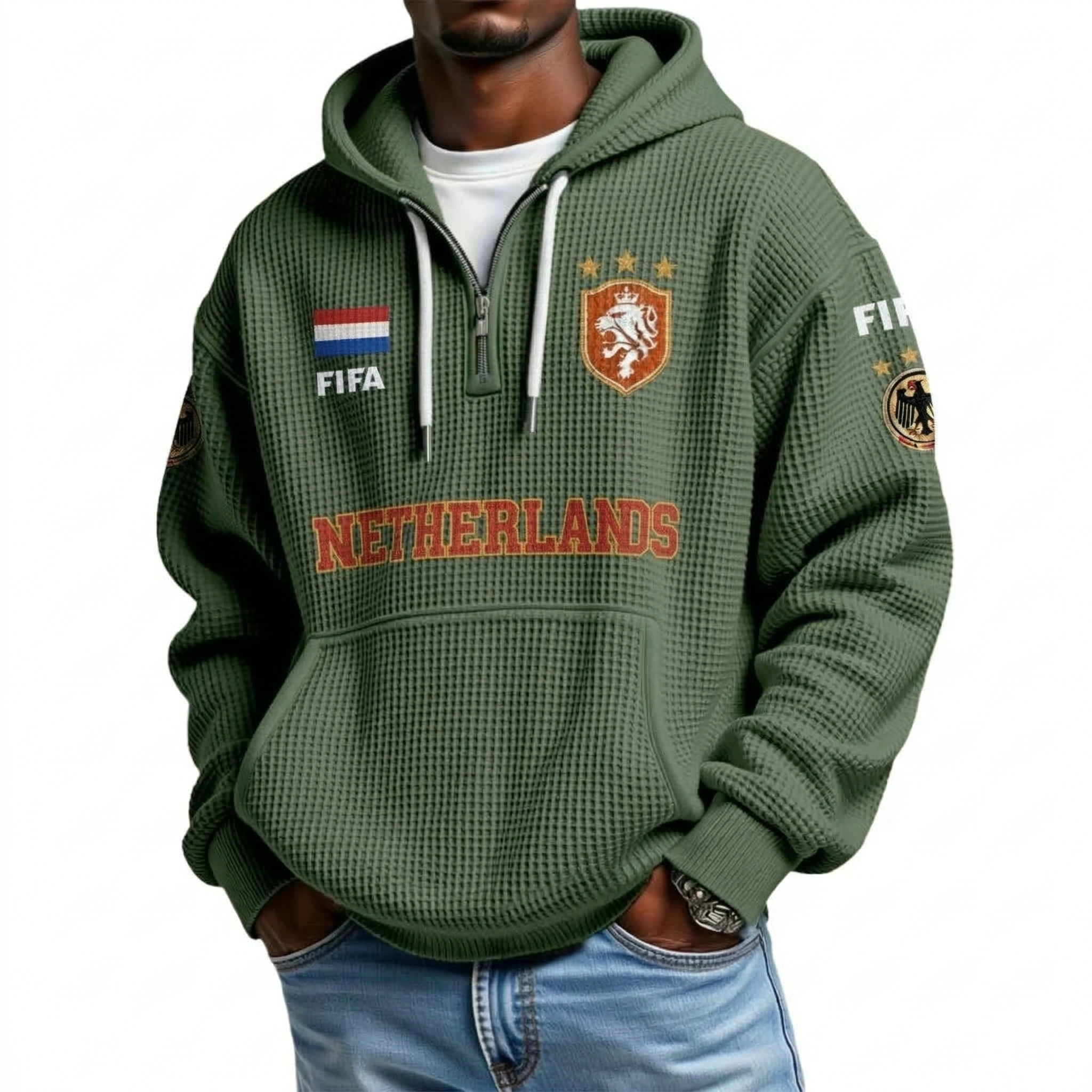 FIFA 2026 Netherlands Printed Waffle Quarter Zip Football Fan Hoodie