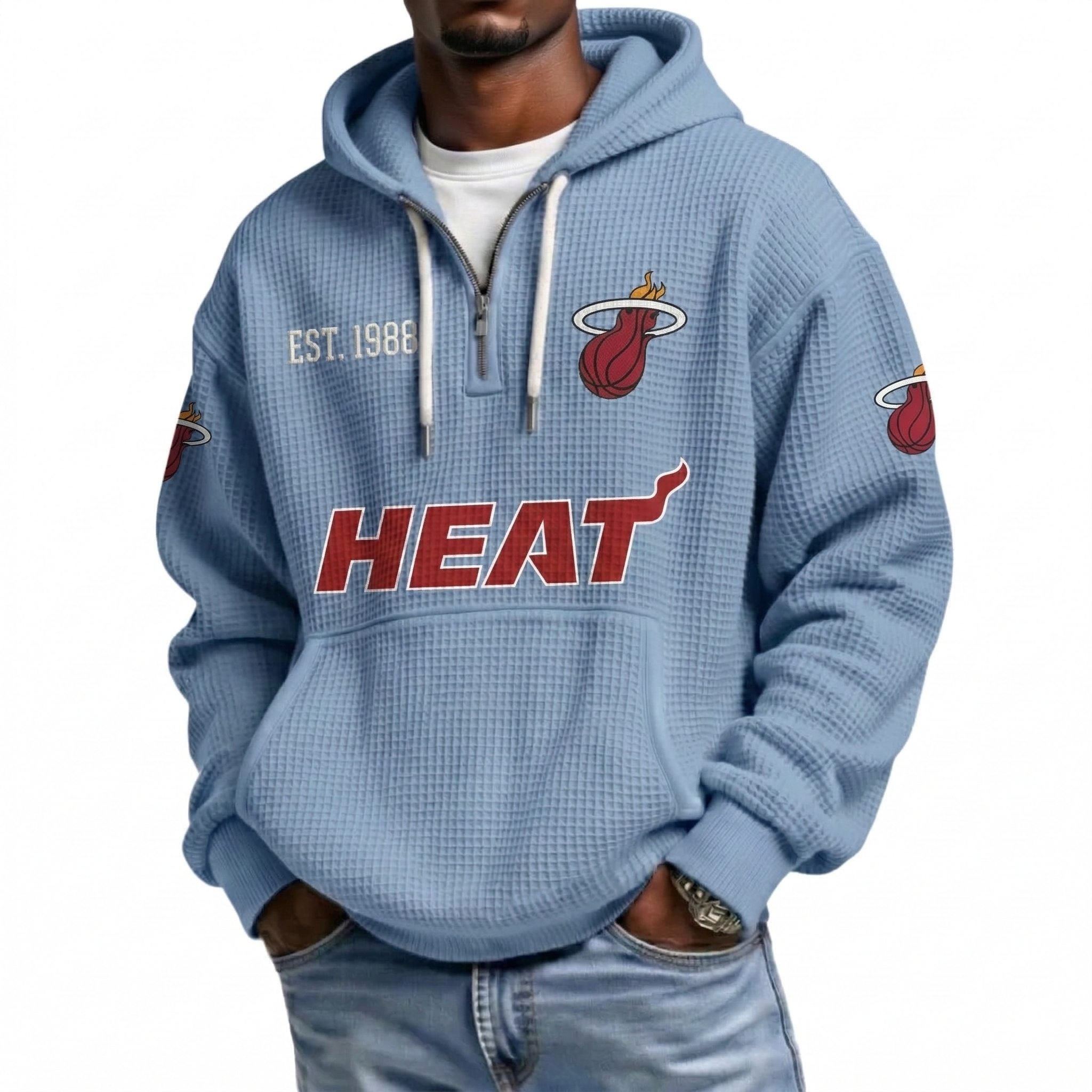 Miami Heat EST 1988 Printed Waffle Quarter Zip Basketball Fan Hoodie