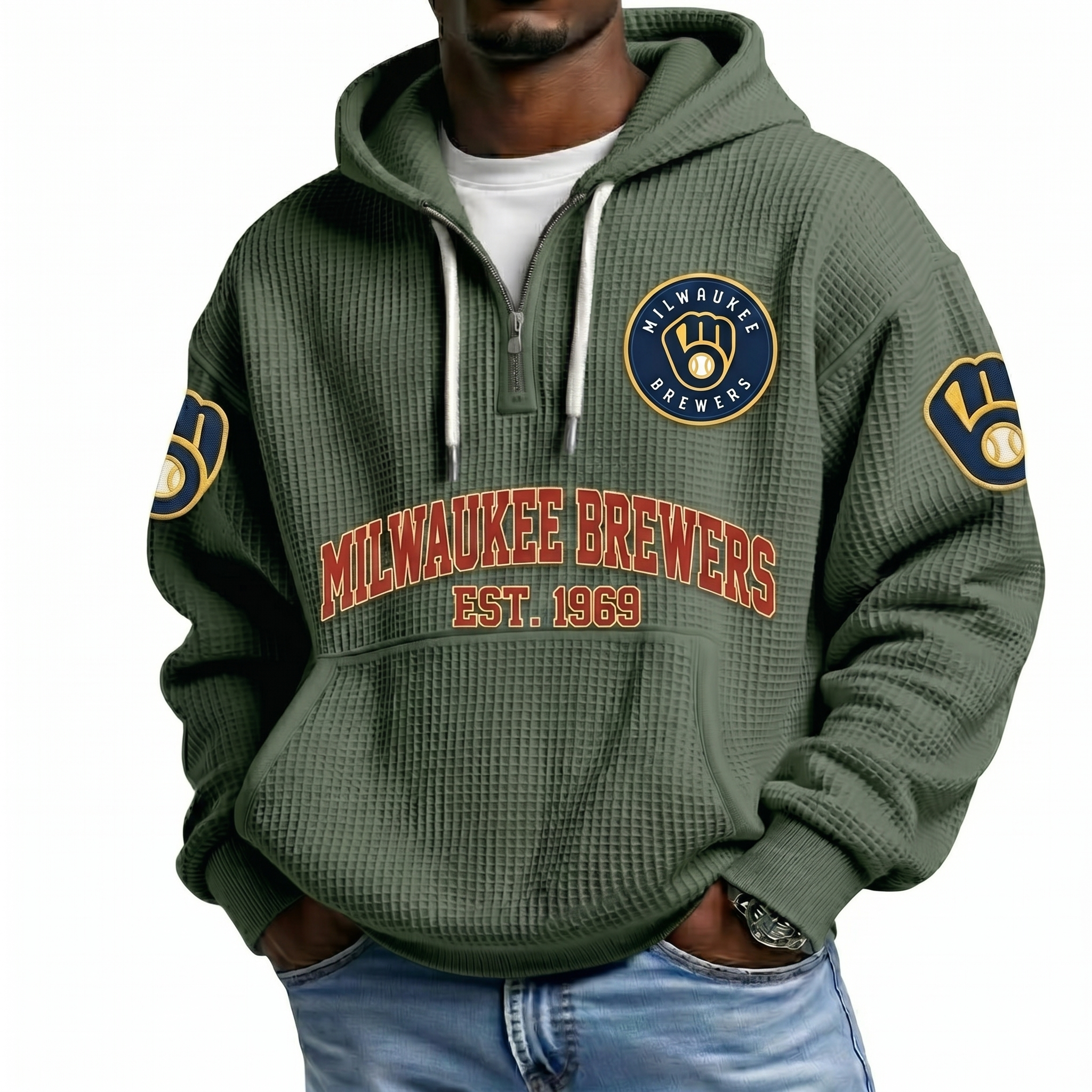 Milwaukee Brewers EST 1969 Printed Waffle Quarter Zip Baseball Fan Hoodie