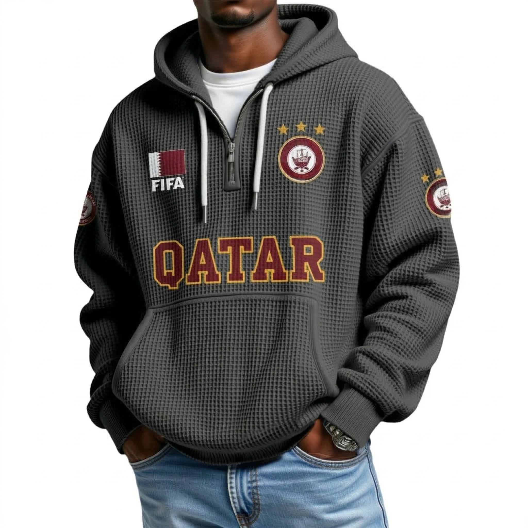 FIFA 2026 Qatar Printed Waffle Quarter Zip Football Fan Hoodie