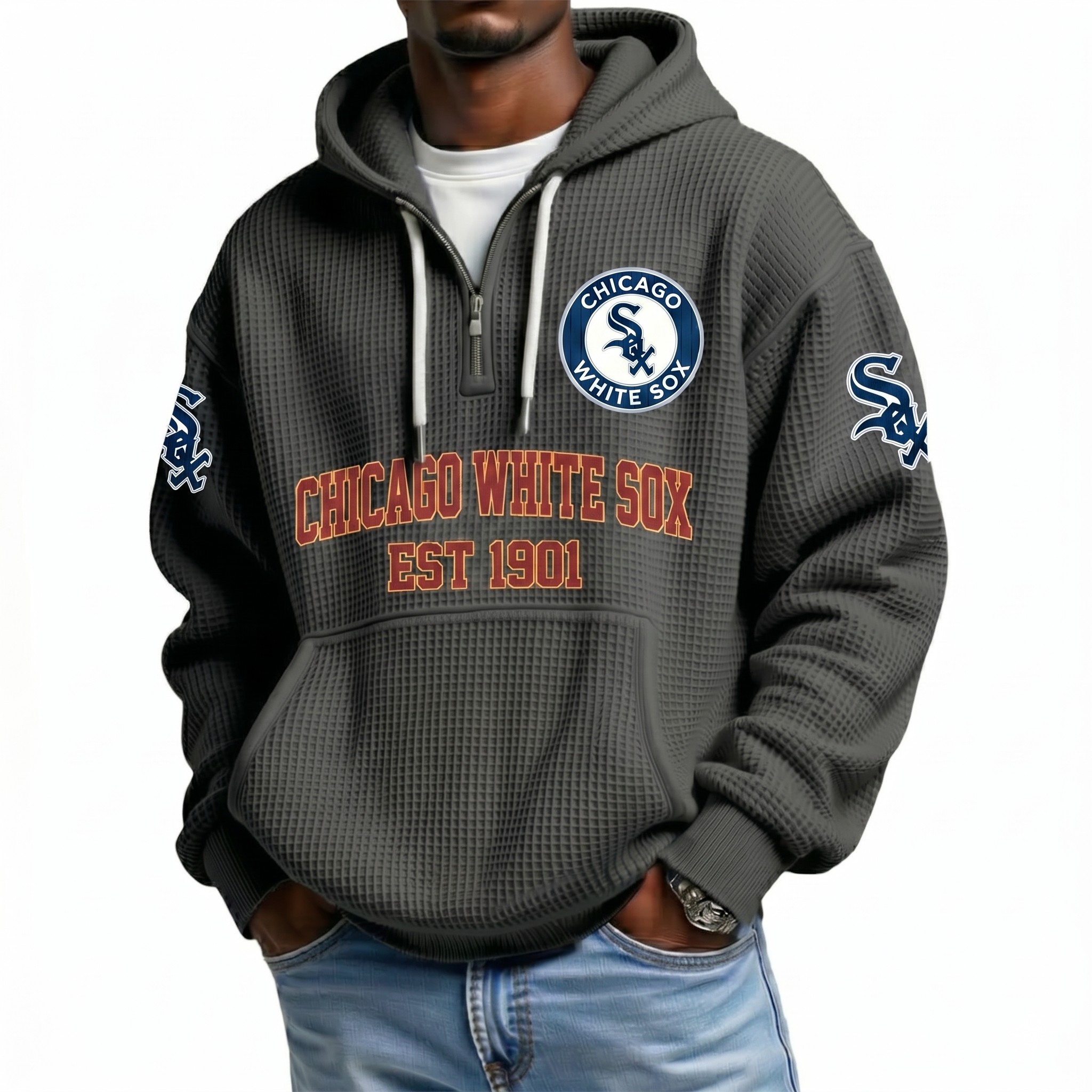 Chicago White Sox EST 1901 Printed Waffle Quarter Zip Baseball Fan Hoodie