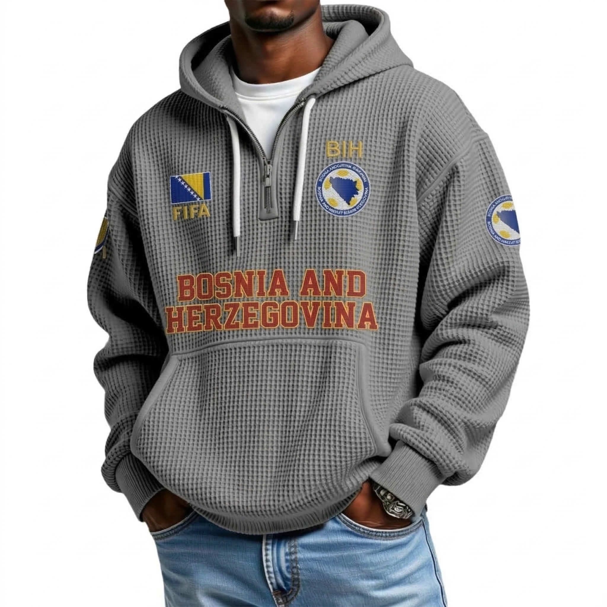 FIFA 2026 Bosnia and Herzegovina Printed Waffle Quarter Zip Football Fan Hoodie