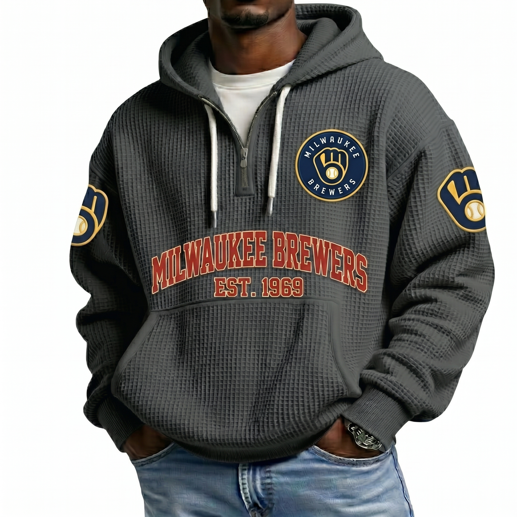Milwaukee Brewers EST 1969 Printed Waffle Quarter Zip Baseball Fan Hoodie