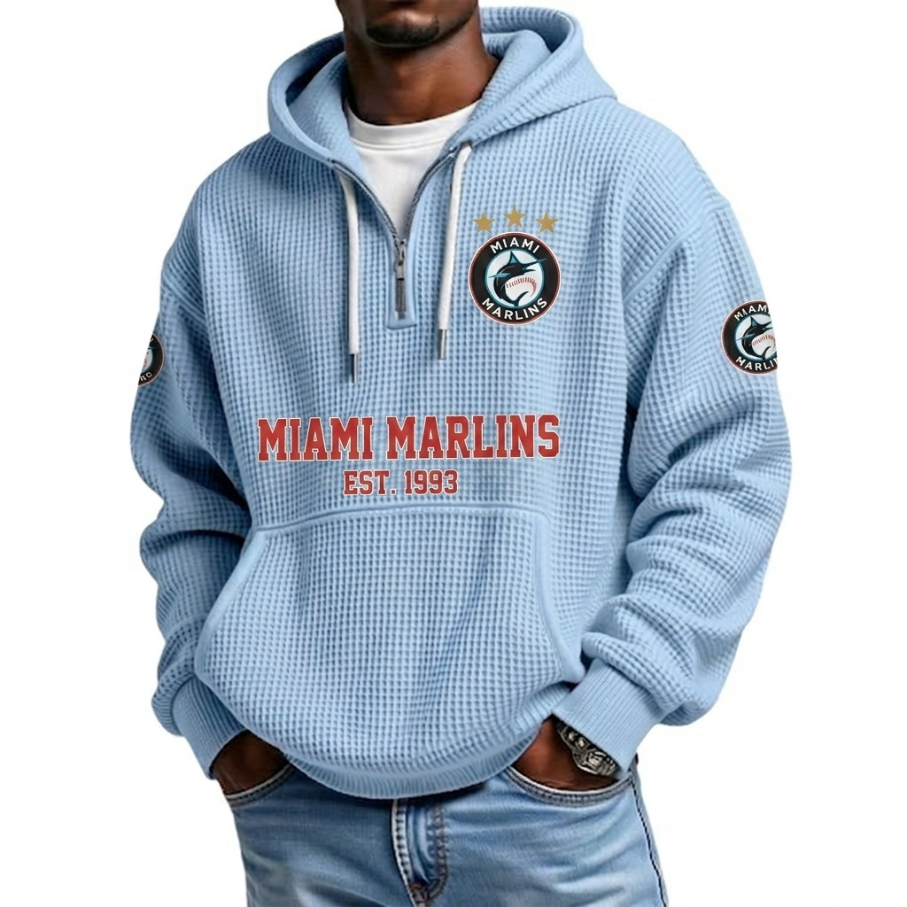 Miami Marlins EST 1993 Printed Waffle Quarter Zip Baseball Fan Hoodie