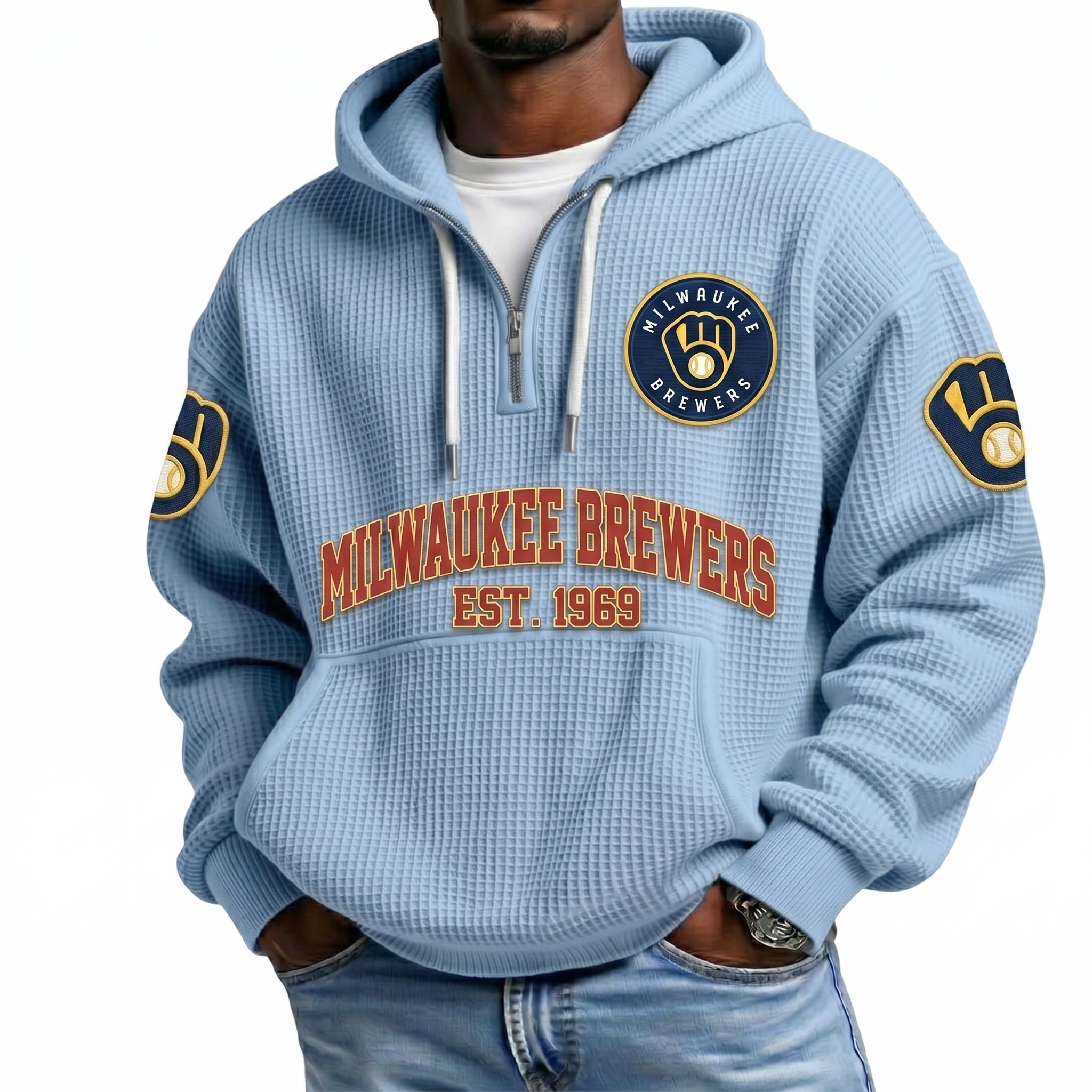 Milwaukee Brewers EST 1969 Printed Waffle Quarter Zip Baseball Fan Hoodie