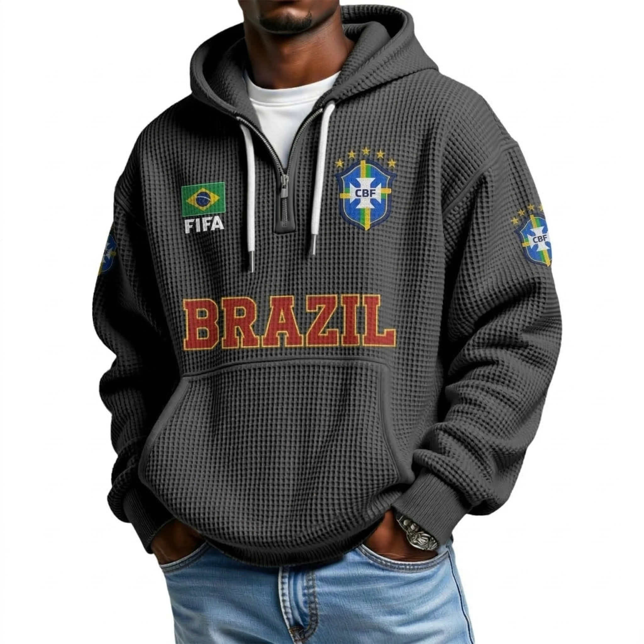 FIFA 2026 Brazil Printed Waffle Quarter Zip Football Fan Hoodie