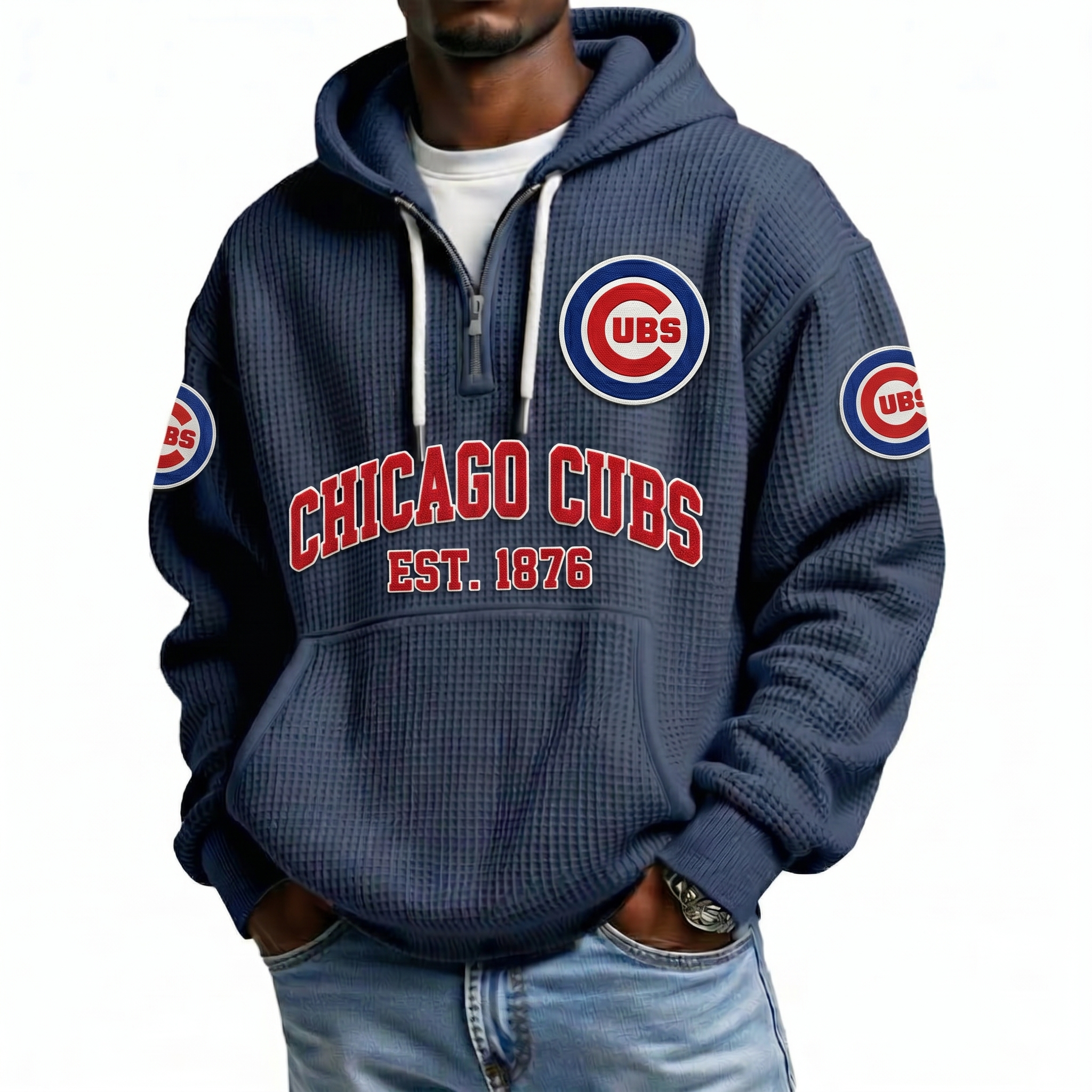 Chicago Cubs EST 1876 Printed Waffle Quarter Zip Baseball Fan Hoodie