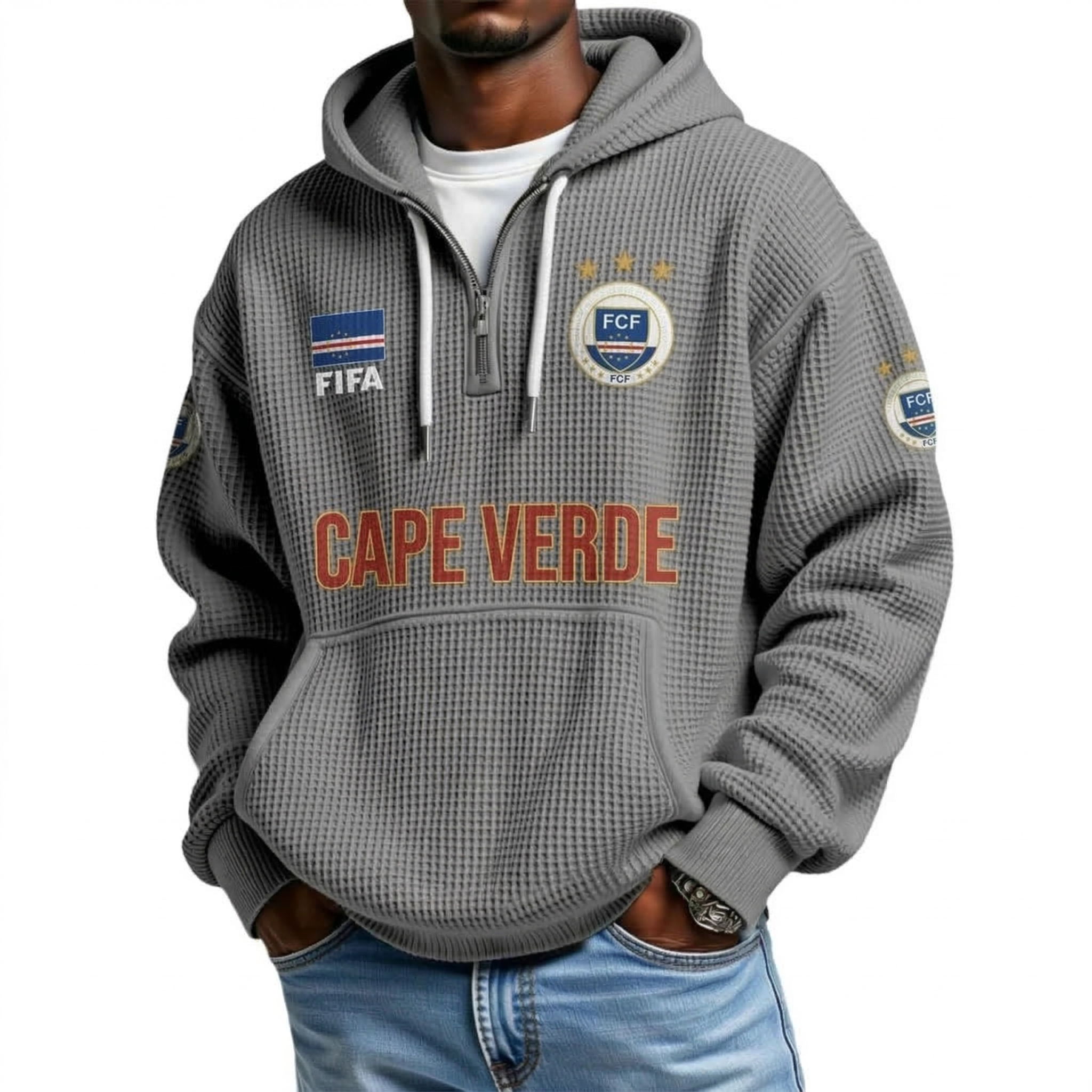 FIFA 2026 Cape Verde Printed Waffle Quarter Zip Football Fan Hoodie