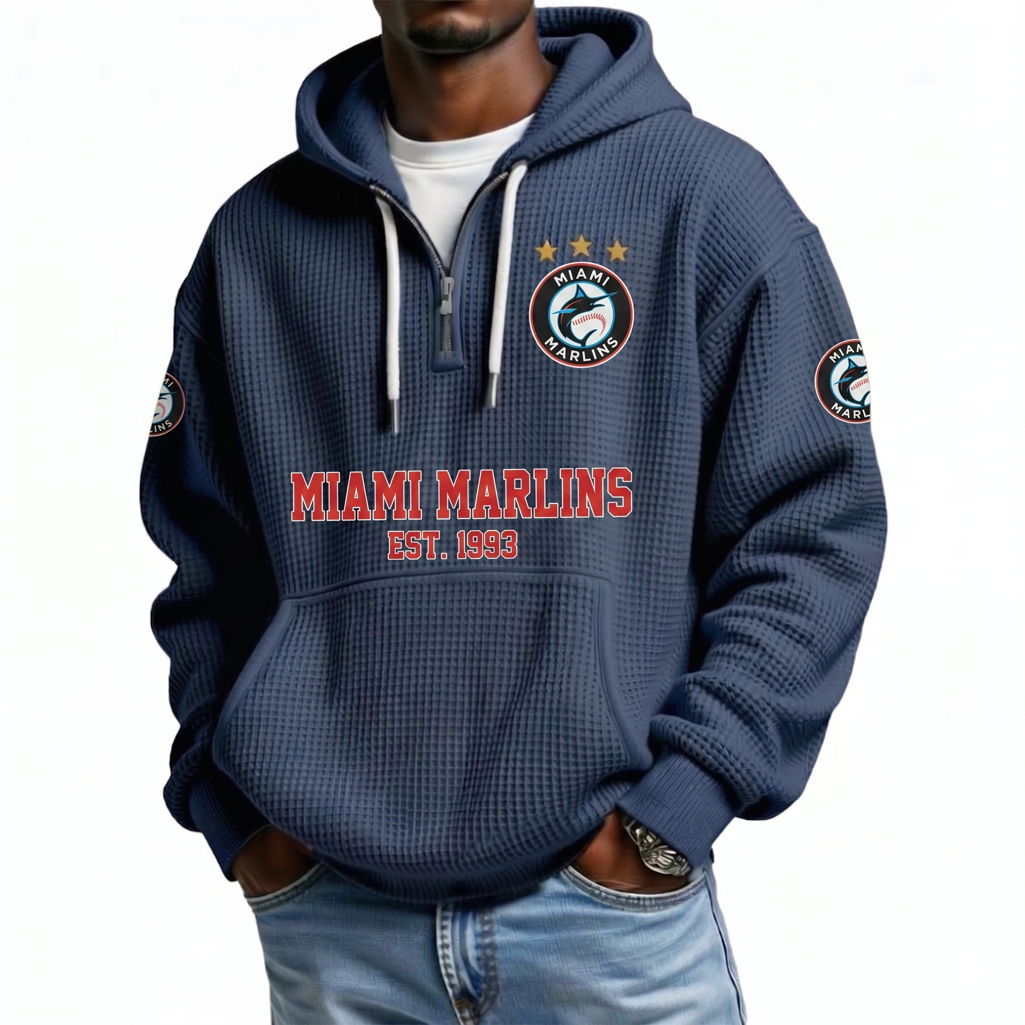 Miami Marlins EST 1993 Printed Waffle Quarter Zip Baseball Fan Hoodie