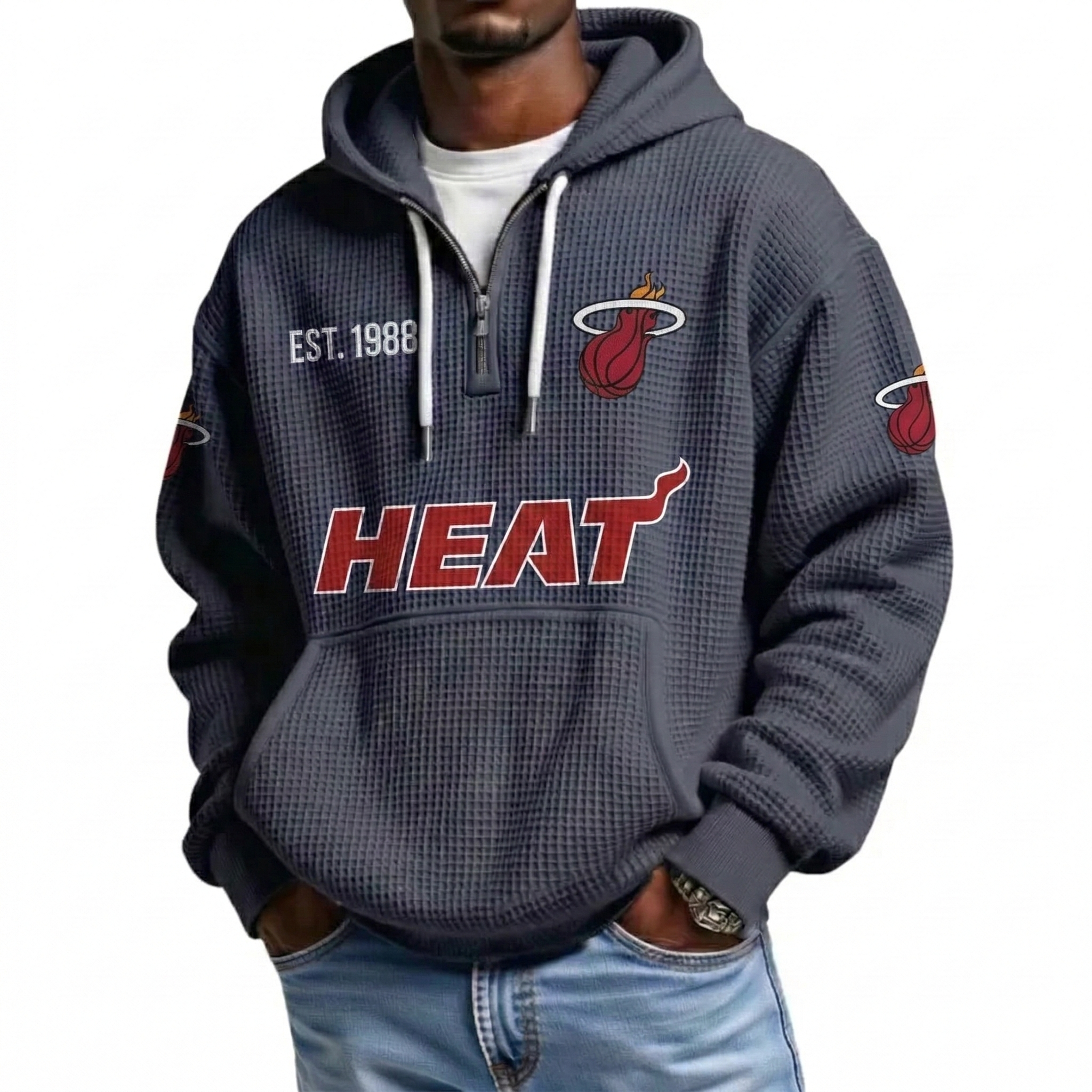 Miami Heat EST 1988 Printed Waffle Quarter Zip Basketball Fan Hoodie