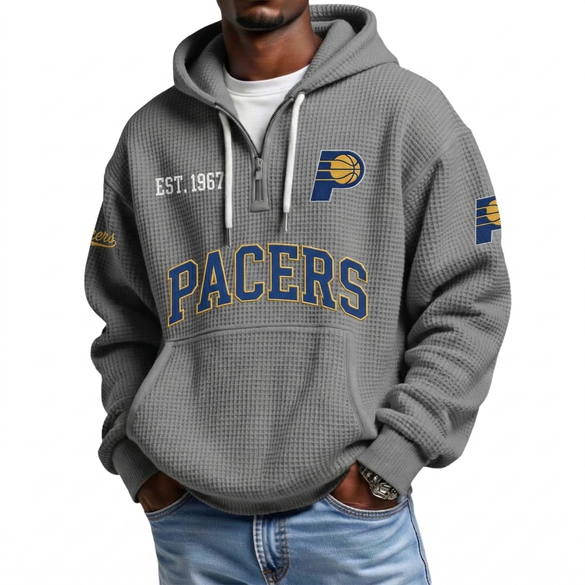 Indiana Pacers EST 1967 Printed Waffle Quarter Zip Basketball Fan Hoodie
