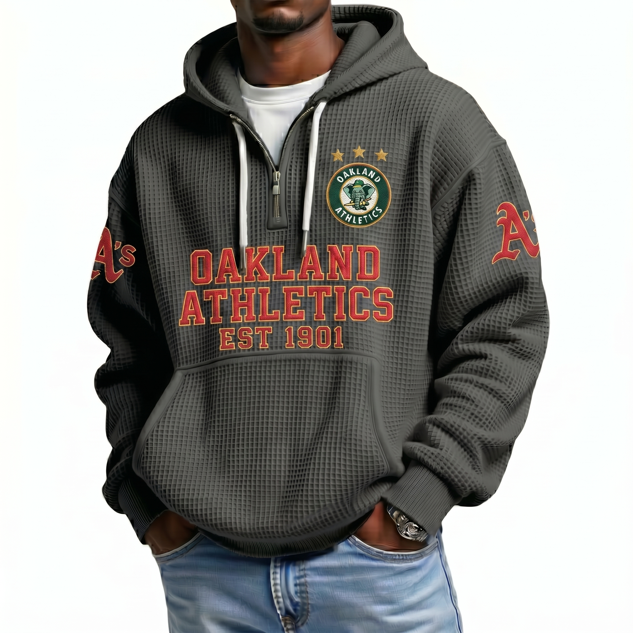 Oakland Athletics EST 1901 Printed Waffle Quarter Zip Baseball Fan Hoodie