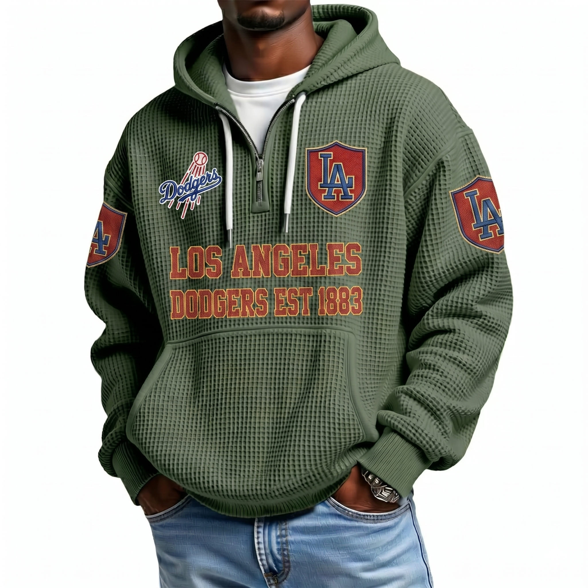 Los Angeles Dodgers EST 1883 Printed Waffle Quarter Zip Baseball Fan Hoodie