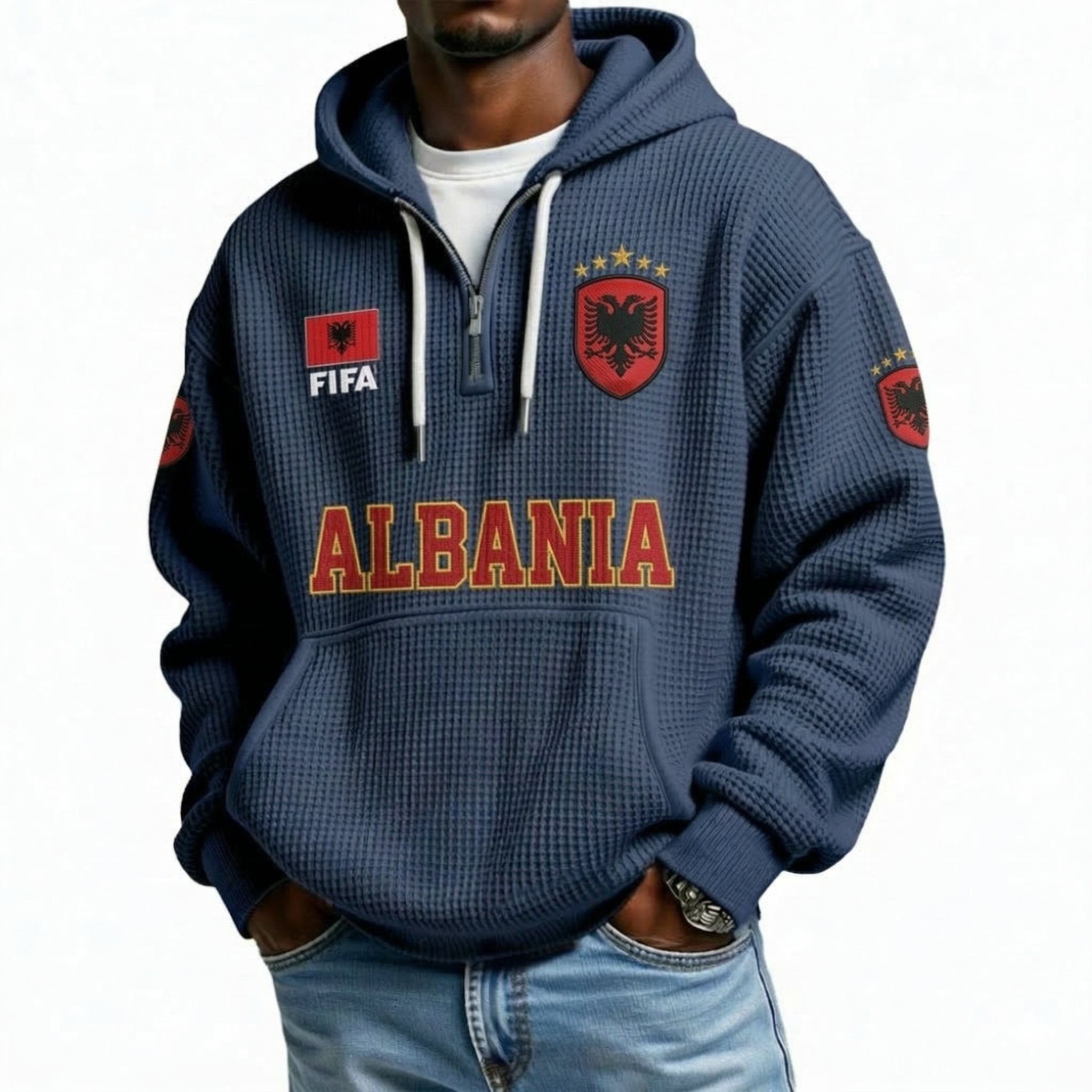 FIFA 2026 Albania Printed Waffle Quarter Zip Football Fan Hoodie