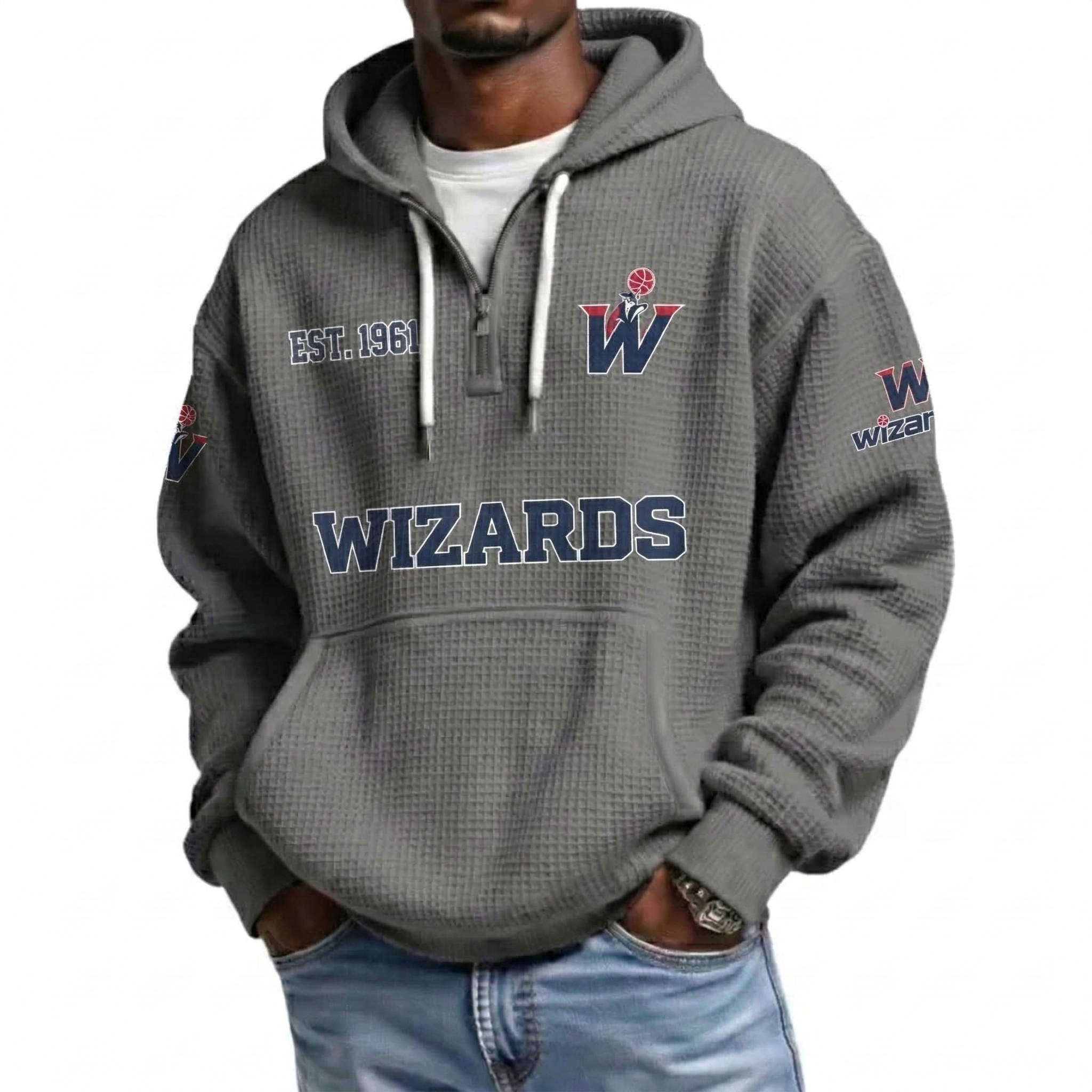 Washington Wizards EST 1961 Printed Waffle Quarter Zip Basketball Fan Hoodie