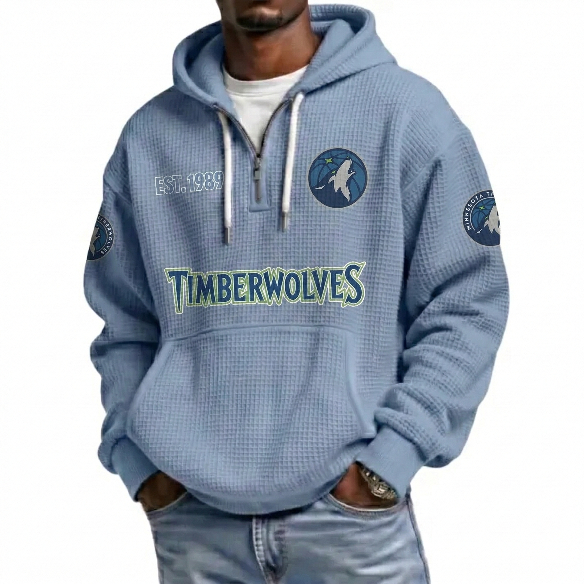 Minnesota Timberwolves EST 1989 Printed Waffle Quarter Zip Basketball Fan Hoodie