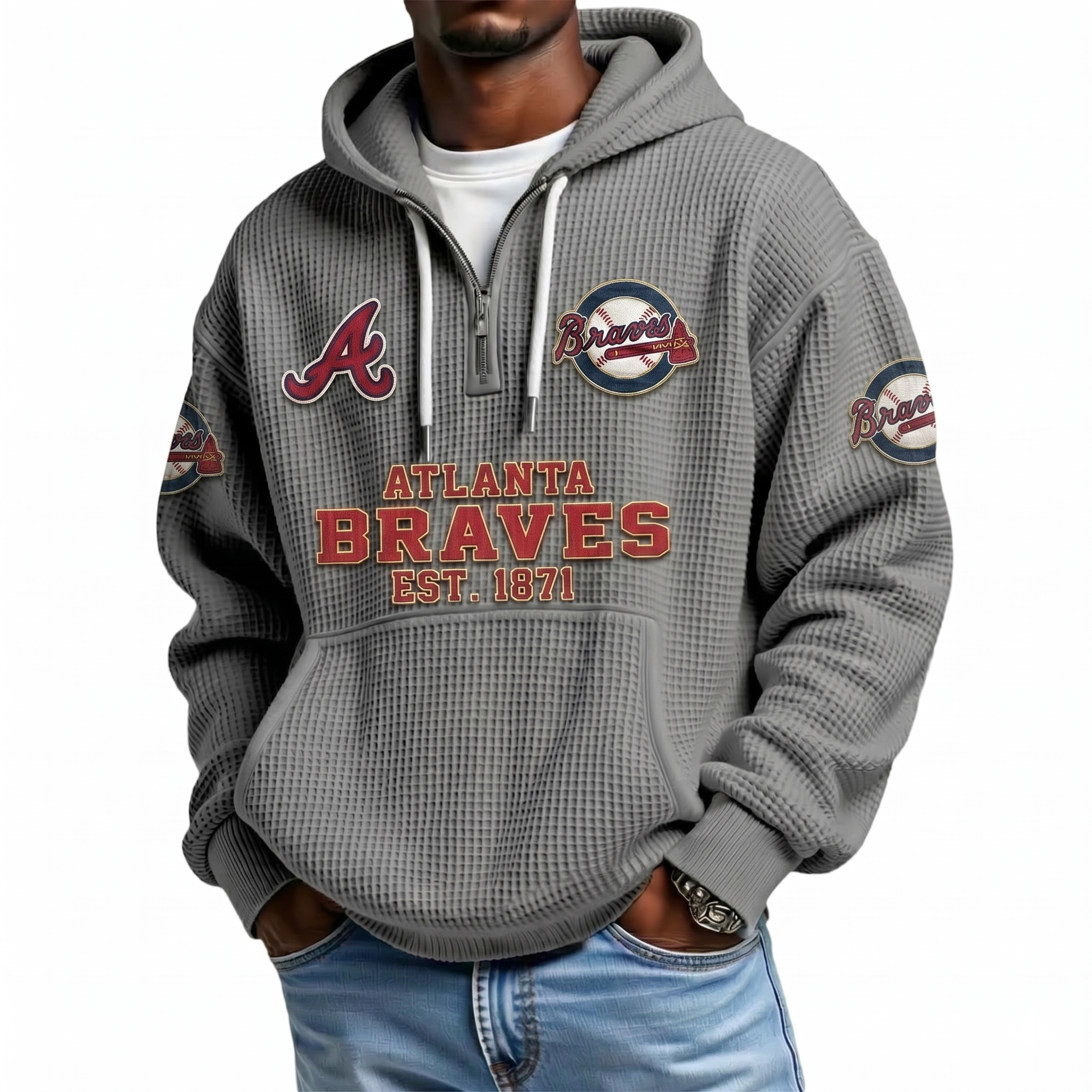 Atlanta Braves EST 1871 Printed Waffle Quarter Zip Baseball Fan Hoodie