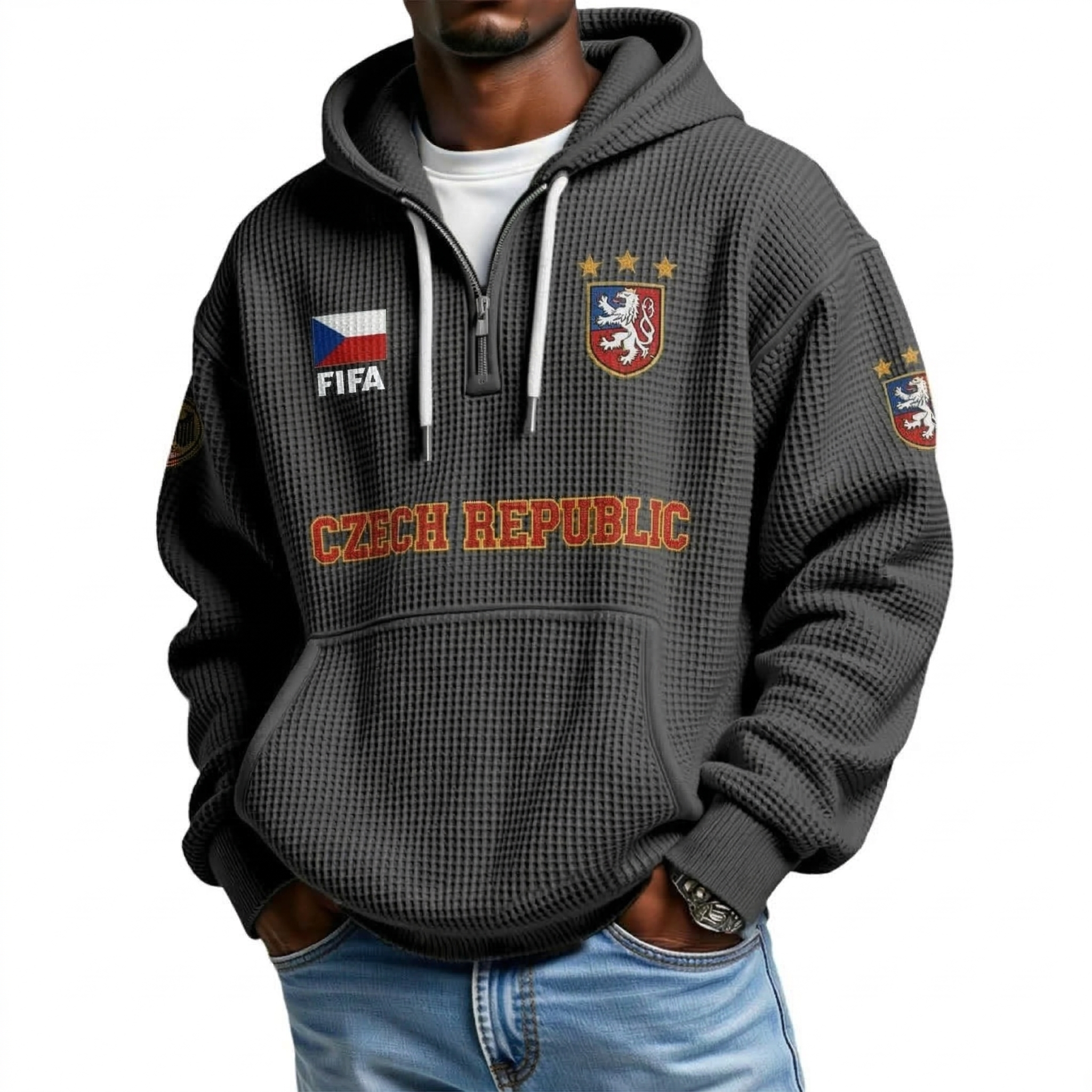 FIFA 2026 Czech Republic Printed Waffle Quarter Zip Football Fan Hoodie
