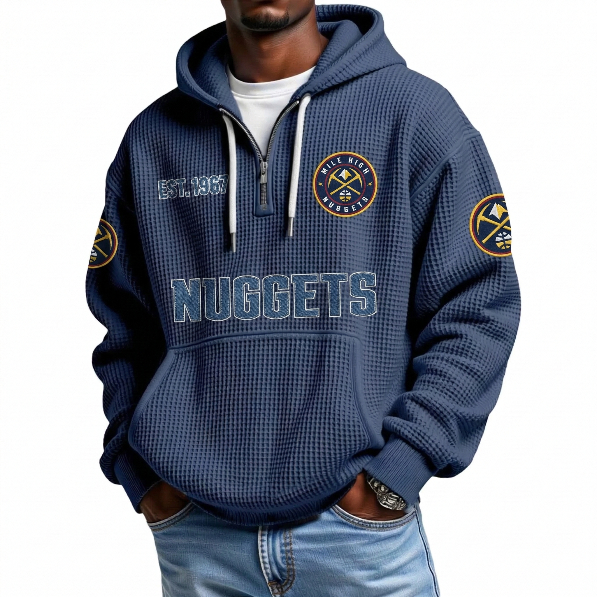 Denver Nuggets EST 1967 Printed Waffle Quarter Zip Basketball Fan Hoodie