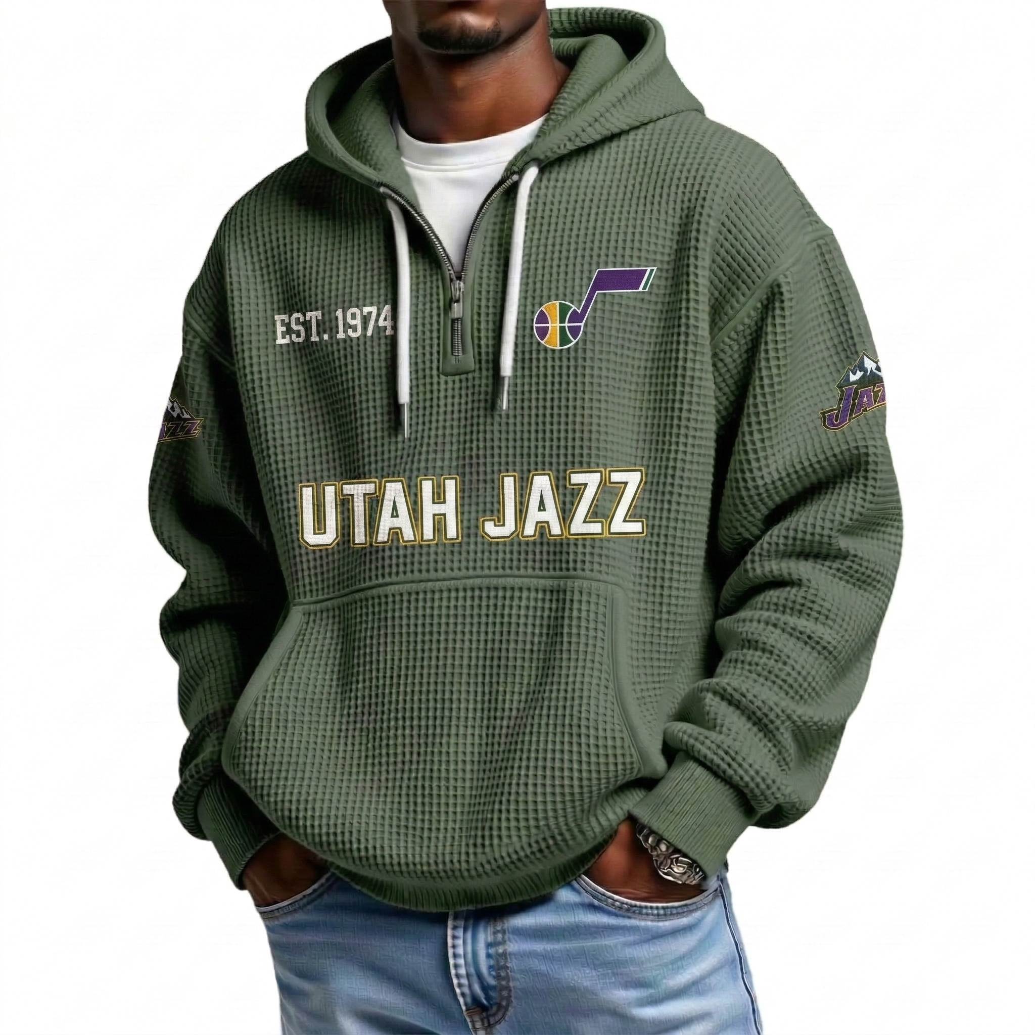 Utah Jazz EST 1974 Printed Waffle Quarter Zip Basketball Fan Hoodie