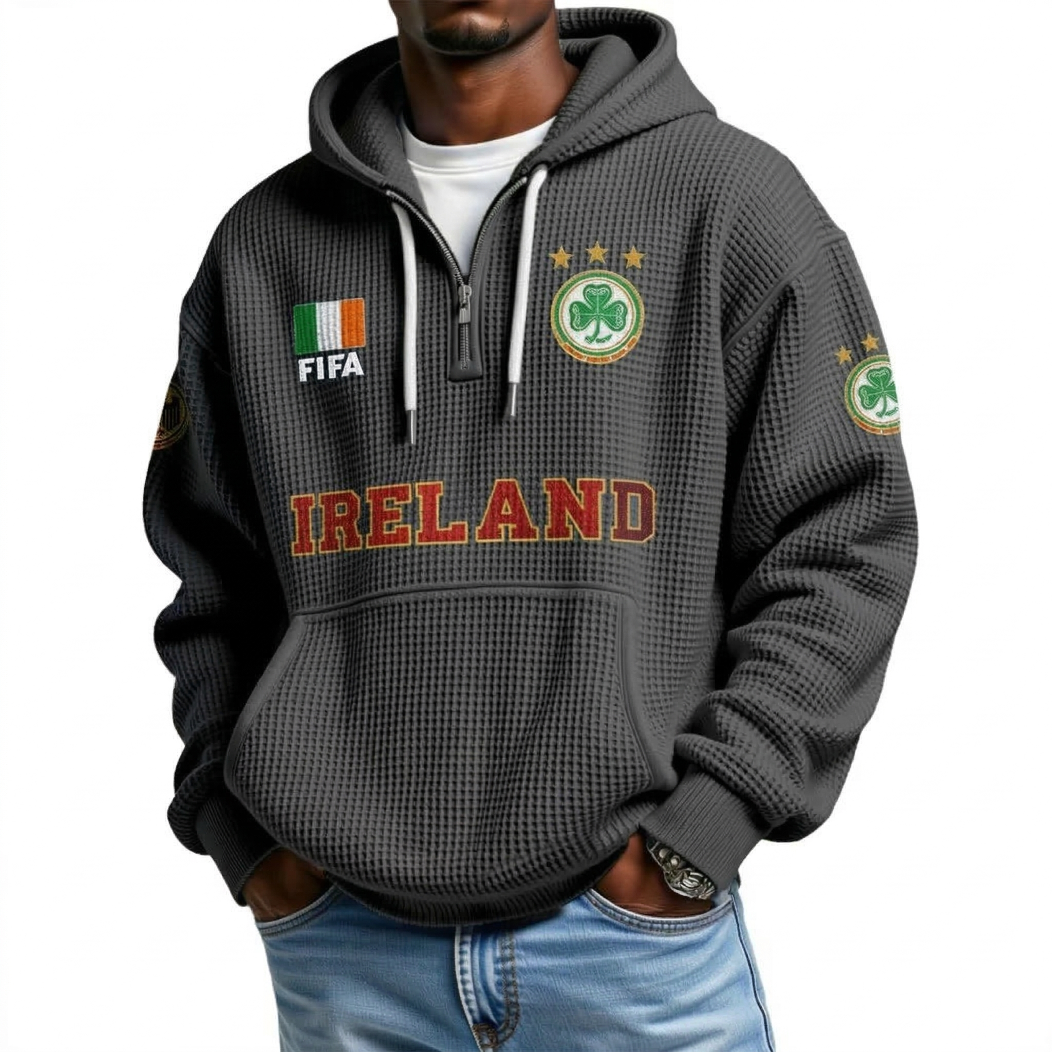 FIFA 2026 Ireland Printed Waffle Quarter Zip Football Fan Hoodie