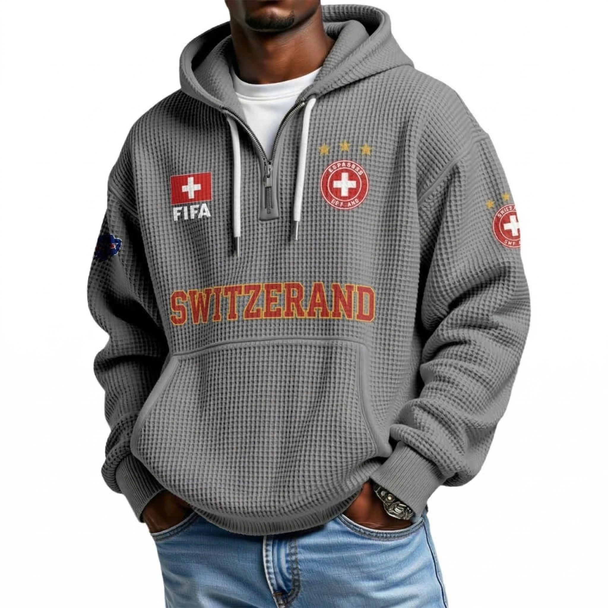 FIFA 2026 Switzerland Printed Waffle Quarter Zip Football Fan Hoodie