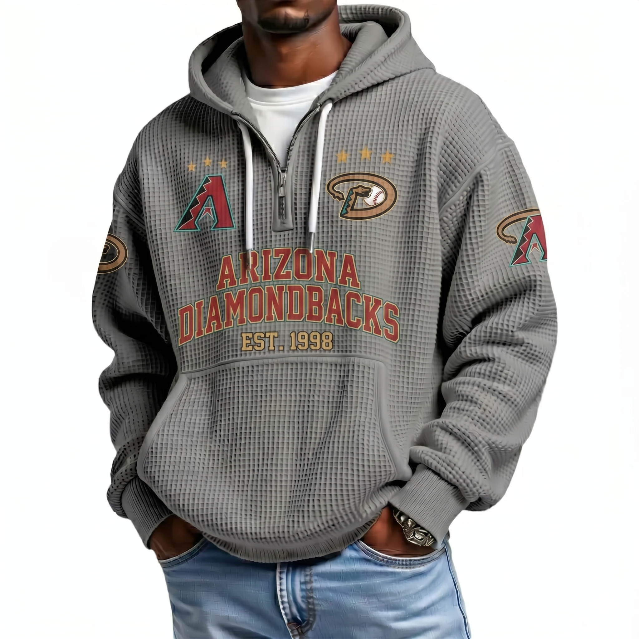 Arizona Diamondbacks EST 1998 Printed Waffle Quarter Zip Baseball Fan Hoodie