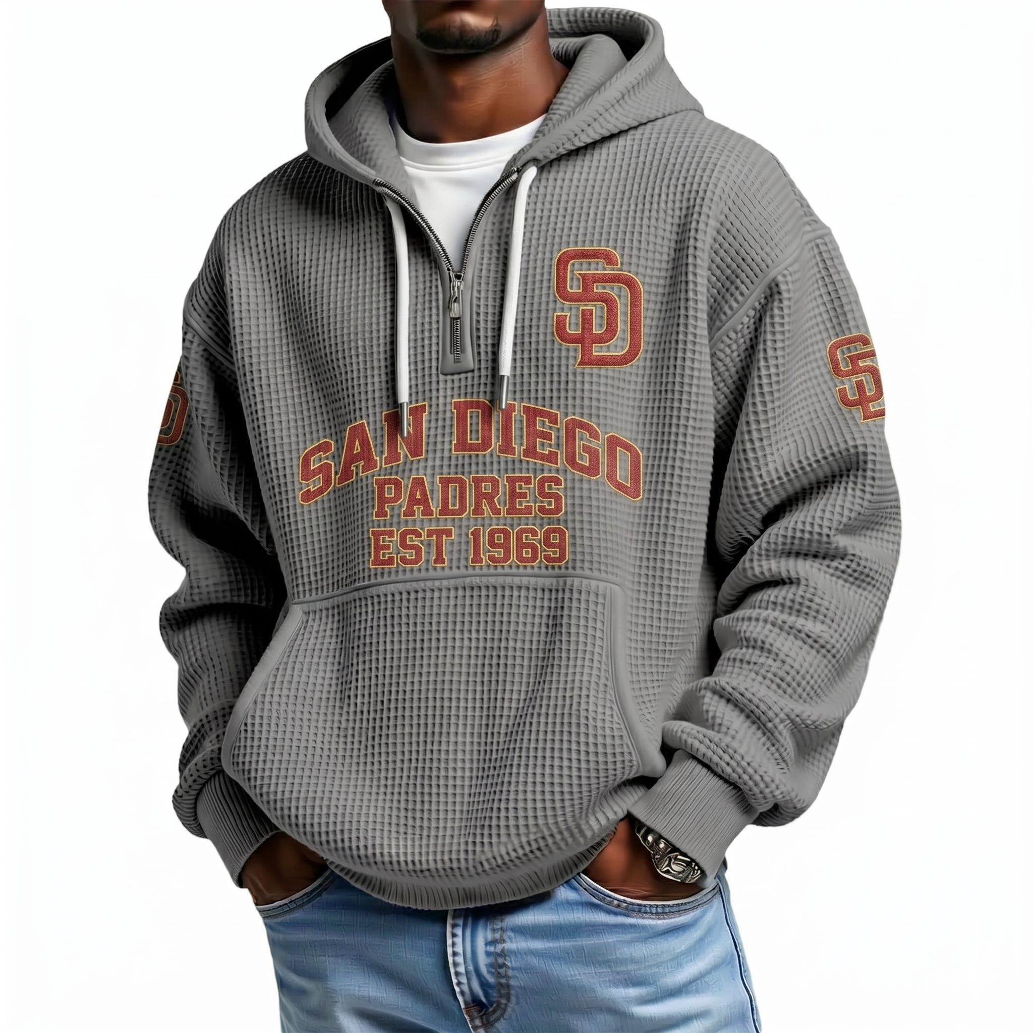 San Diego Padres EST 1969 Printed Waffle Quarter Zip Baseball Fan Hoodie