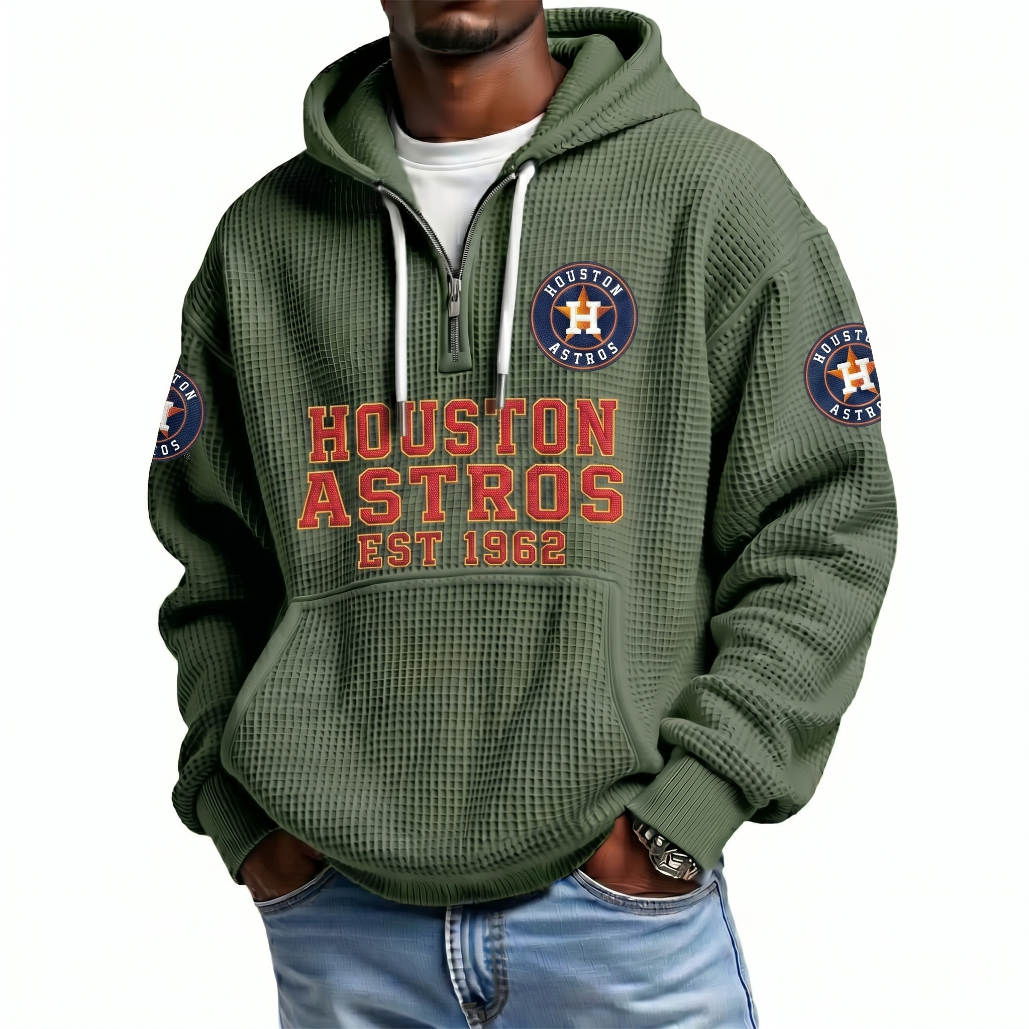Houston Astros EST 1962 Printed Waffle Quarter Zip Baseball Fan Hoodie